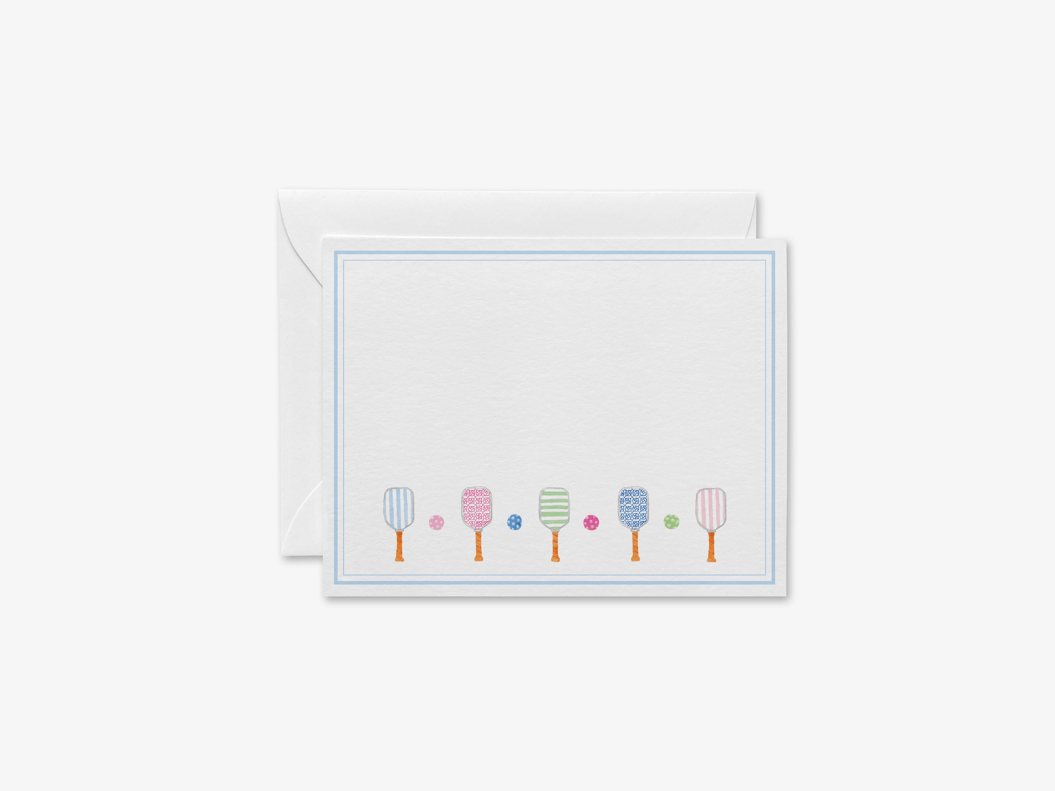 Pickleball Flat Notes-These personalized flat notecards are 4.25x5.5 and feature our hand-painted watercolor pickleball rackets, printed in the USA on 120lb textured stock. They come with your choice of envelopes and make great thank yous and gifts for the pickleball lover in your life.-The Singing Little Bird