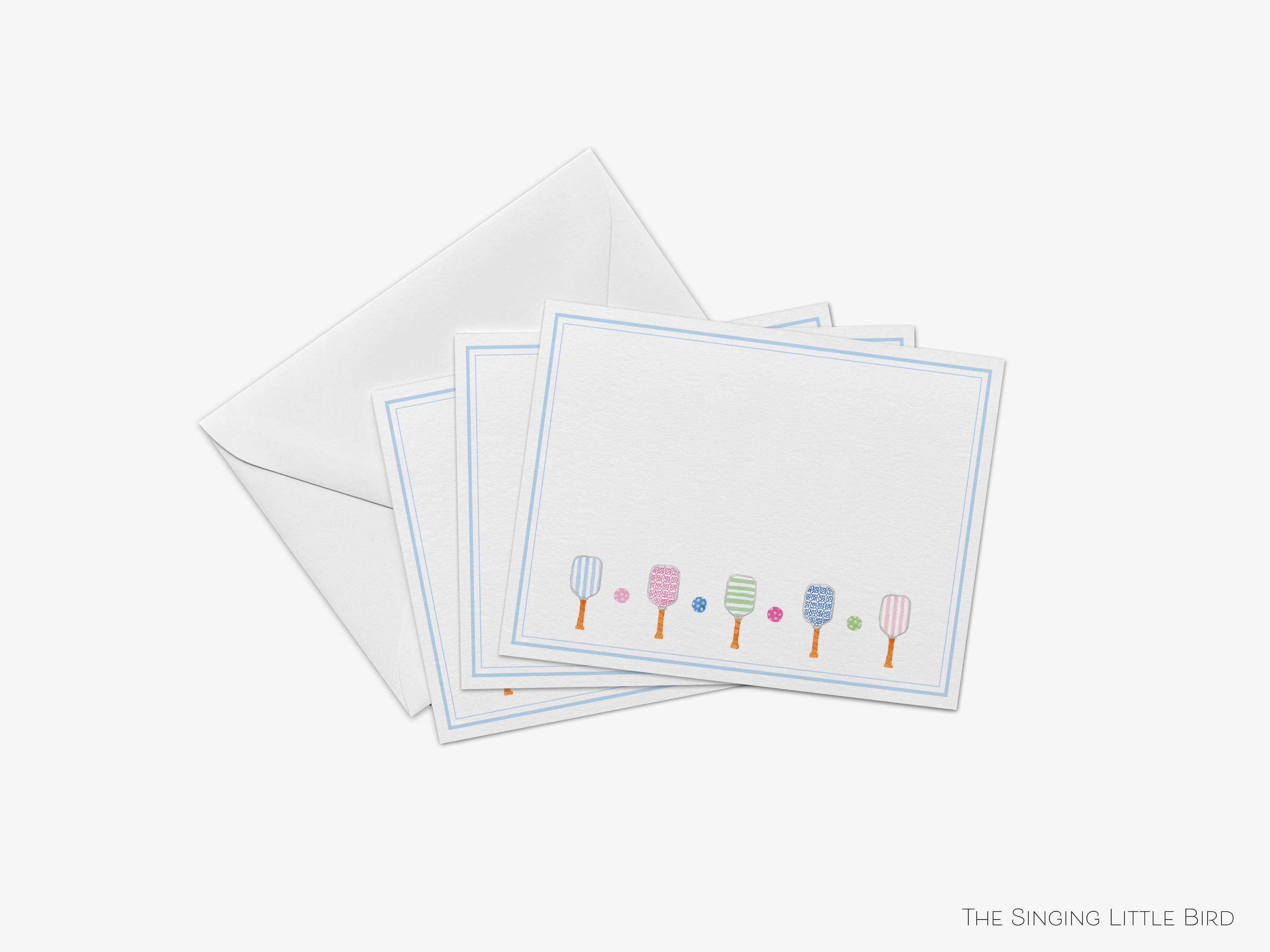 Pickleball Flat Notes-These personalized flat notecards are 4.25x5.5 and feature our hand-painted watercolor pickleball rackets, printed in the USA on 120lb textured stock. They come with your choice of envelopes and make great thank yous and gifts for the pickleball lover in your life.-The Singing Little Bird