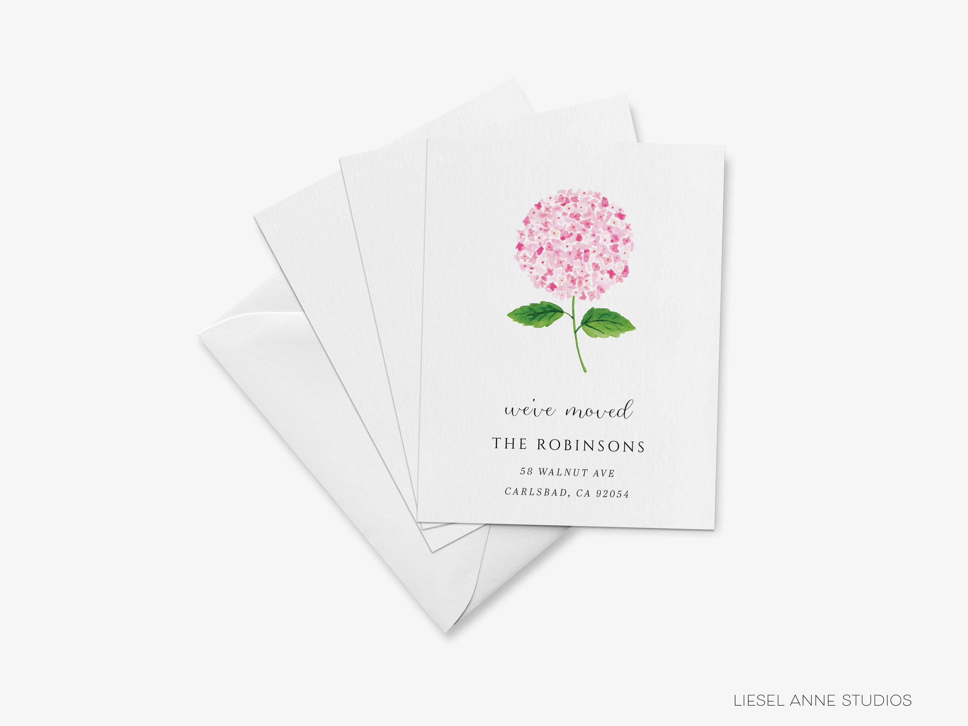 Pink Hydrangea Moving Announcement-These personalized flat change of address cards are 4.25x5.5 and feature our hand-painted watercolor pink hydrangea, printed in the USA on 120lb textured stock. They come with your choice of envelopes and make great moving announcements for the floral lover.-The Singing Little Bird