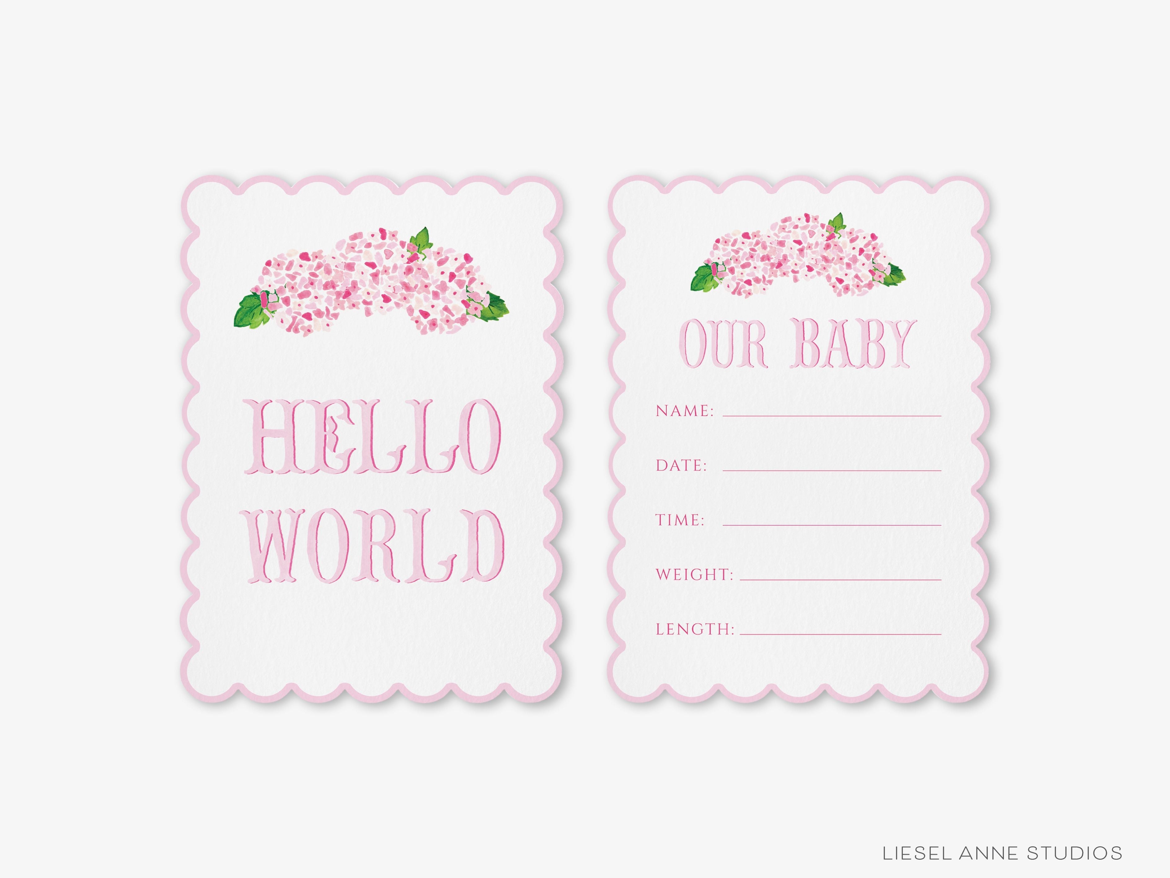 Pink Hydrangea Scalloped Monthly Milestone Cards-These scalloped flat notecards are 5x7 and feature our hand-painted watercolor Hydrangeas and monthly milestone tracker, printed in the USA on 120lb textured stock. They make the perfect way to remember your baby's first year of milestones!-The Singing Little Bird