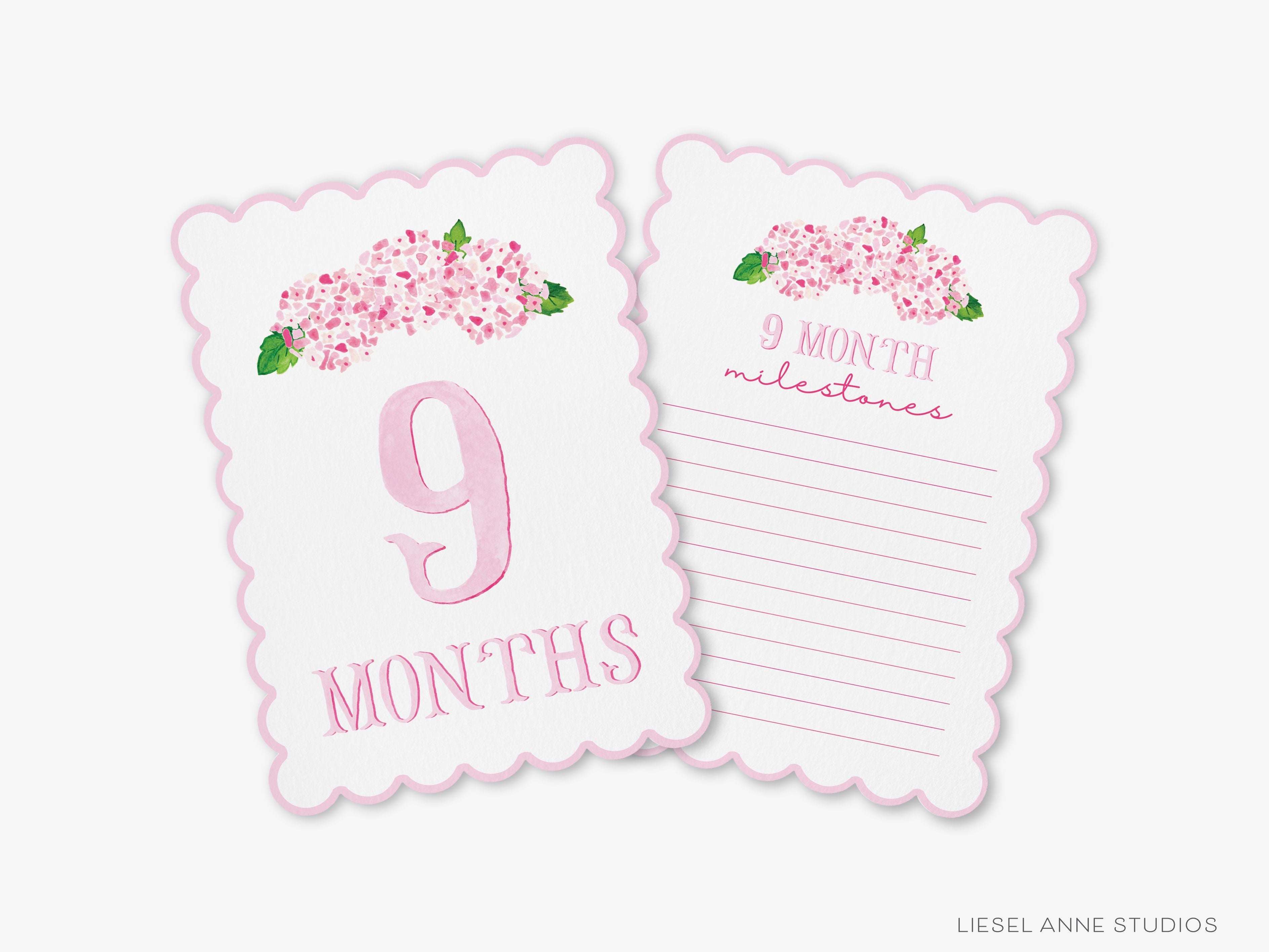 Pink Hydrangea Scalloped Monthly Milestone Cards-These scalloped flat notecards are 5x7 and feature our hand-painted watercolor Hydrangeas and monthly milestone tracker, printed in the USA on 120lb textured stock. They make the perfect way to remember your baby's first year of milestones!-The Singing Little Bird