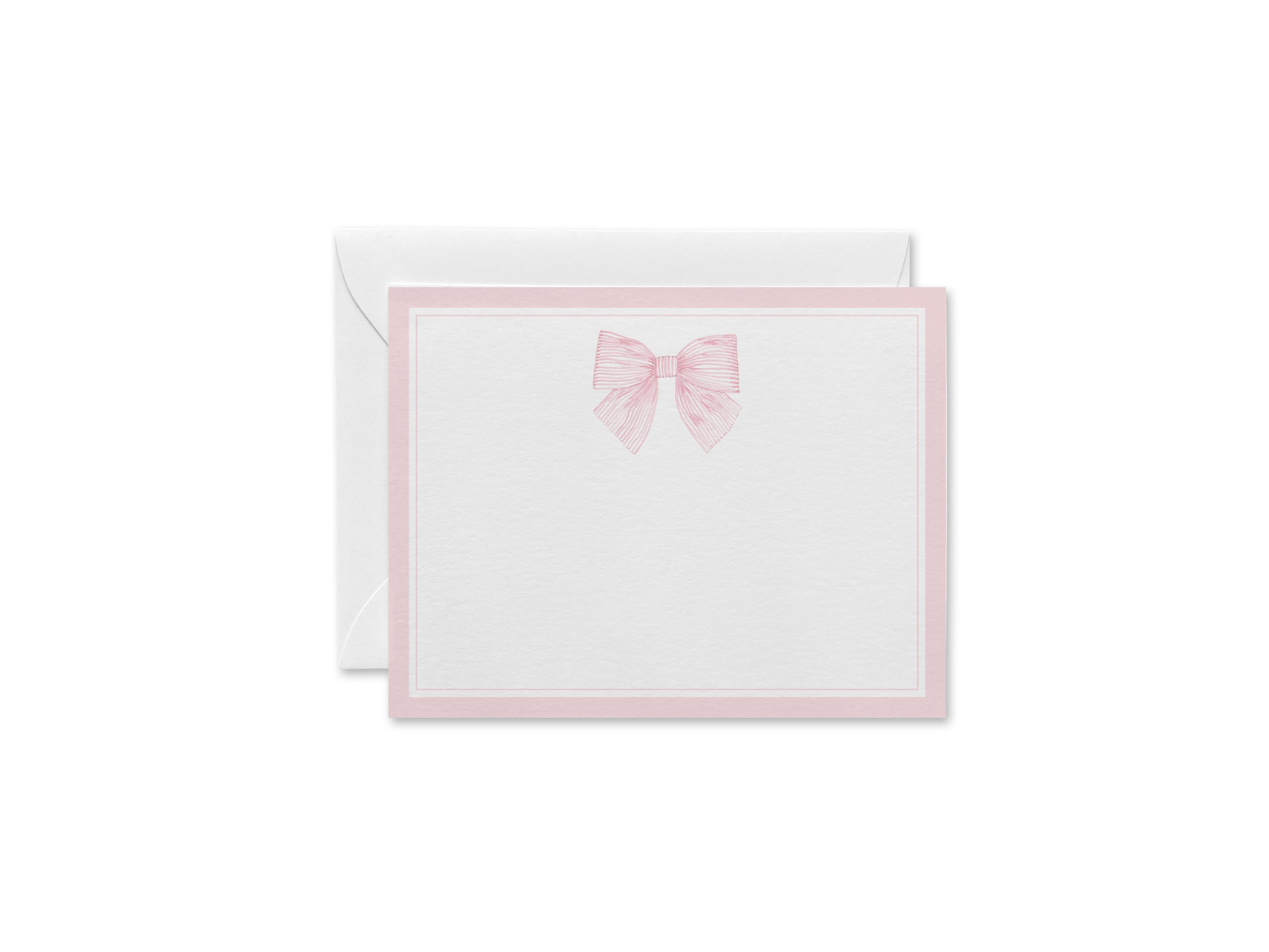 Pink Striped Bow Flat Notes-These personalized flat notecards are 4.25x5.5 and feature our hand-painted watercolor pink bow, printed in the USA on 120lb textured stock. They come with your choice of envelopes and make great thank you cards and gifts for the bow lover in your life.-The Singing Little Bird