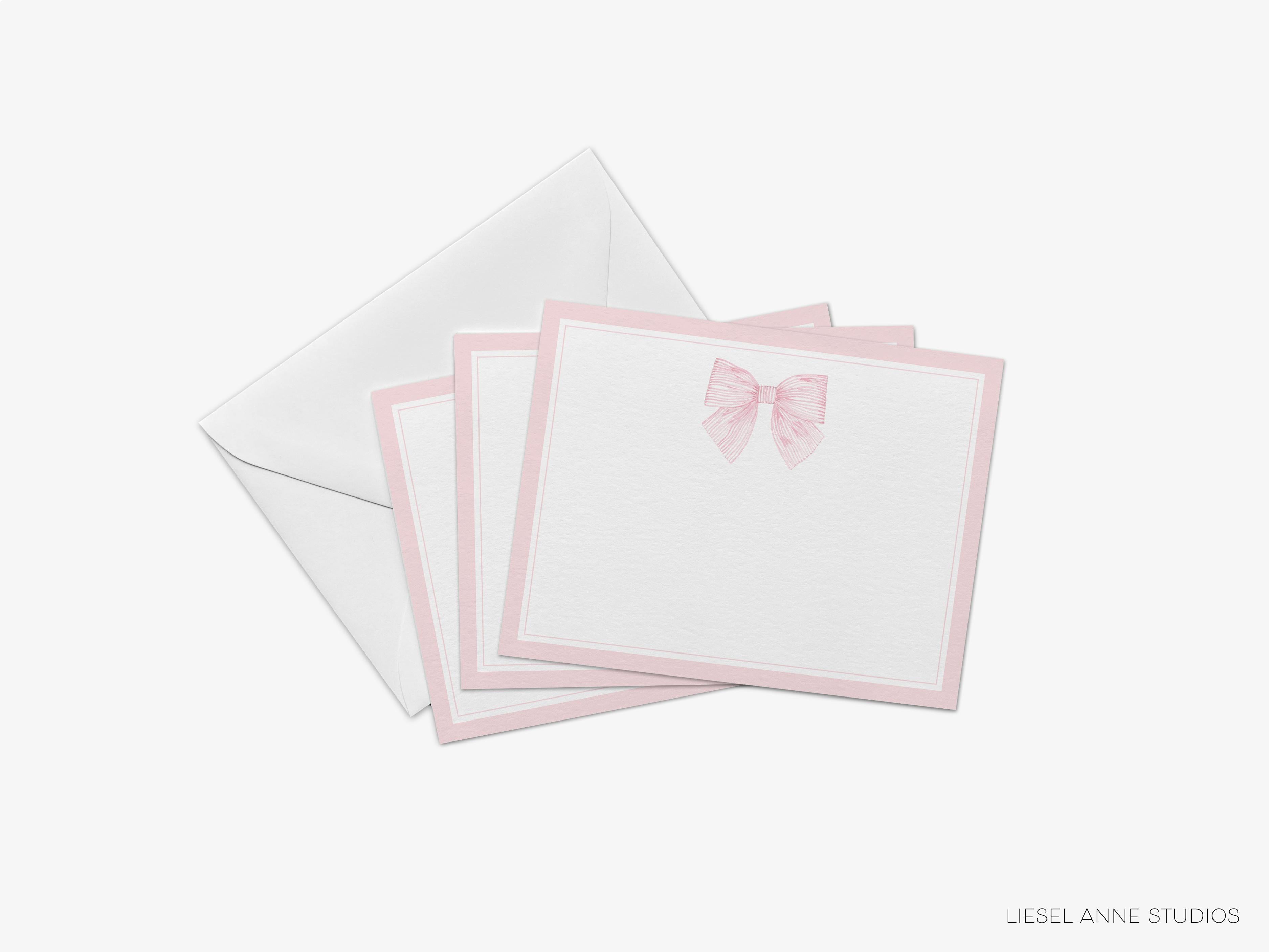 Pink Striped Bow Flat Notes-These personalized flat notecards are 4.25x5.5 and feature our hand-painted watercolor pink bow, printed in the USA on 120lb textured stock. They come with your choice of envelopes and make great thank you cards and gifts for the bow lover in your life.-The Singing Little Bird
