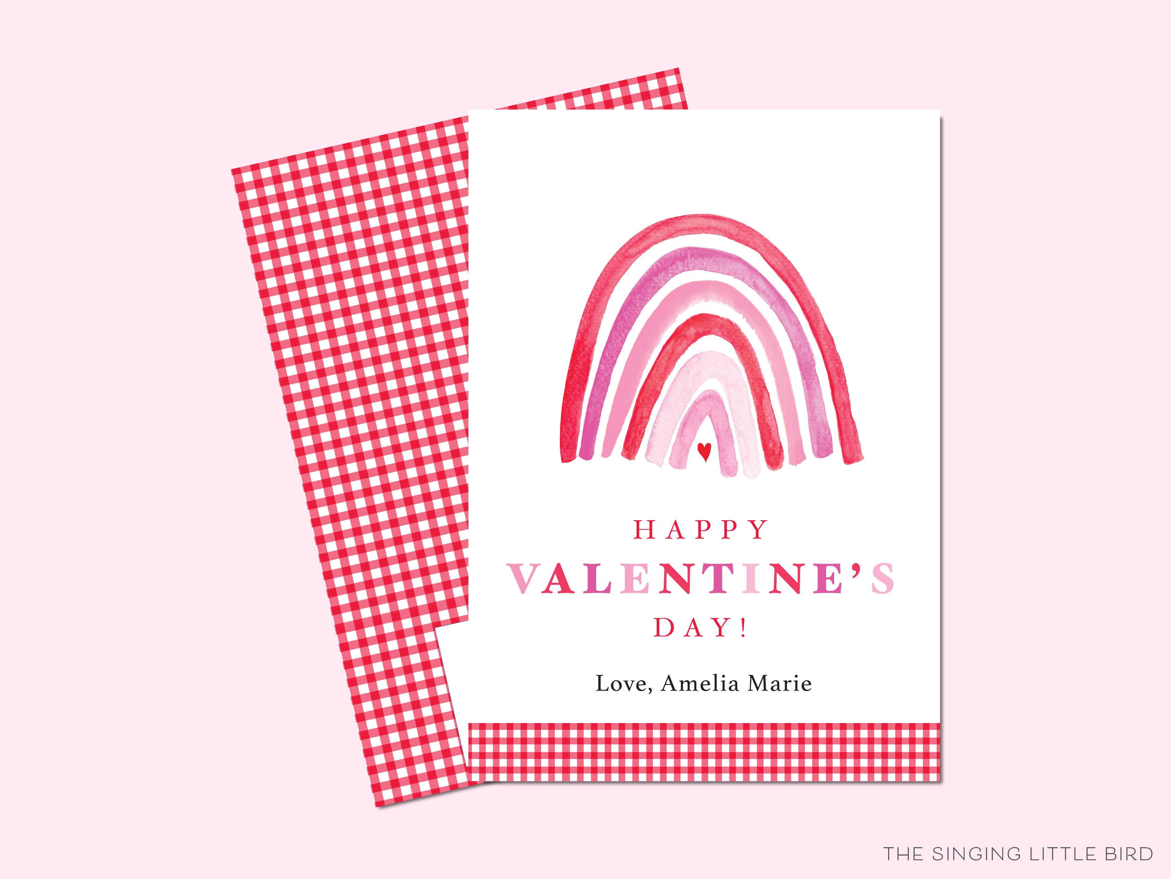 Pink and Red Rainbow Valentine's Day Cards-These personalized flat notecards are 3.5" x 4.875 and feature our hand-painted watercolor rainbow, printed in the USA on 120lb textured stock. They come with white envelopes and make great Valentine's Day cards for kids and rainbow lovers in your life.-The Singing Little Bird
