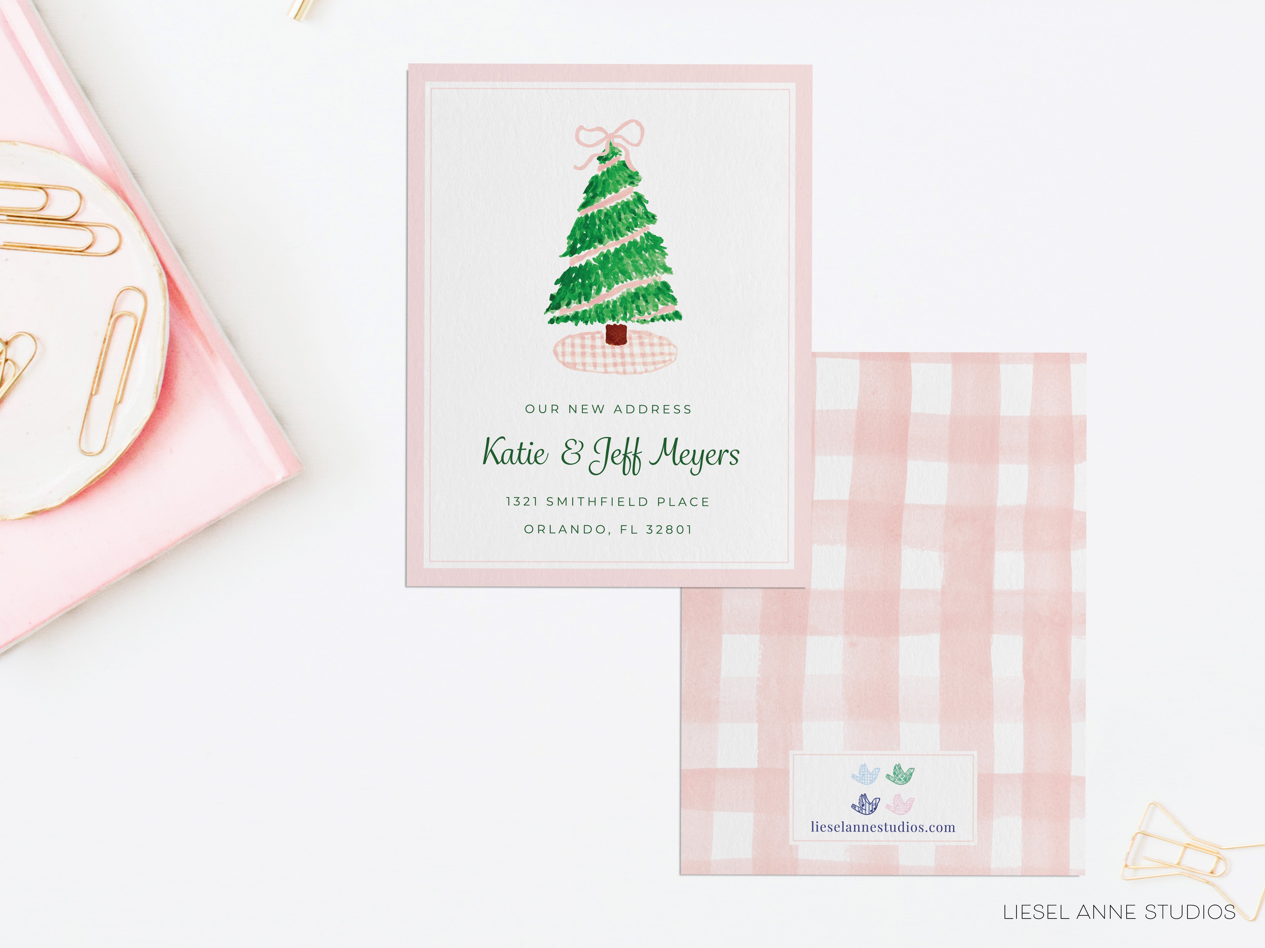 Pink Gingham Christmas Tree Moving Announcement