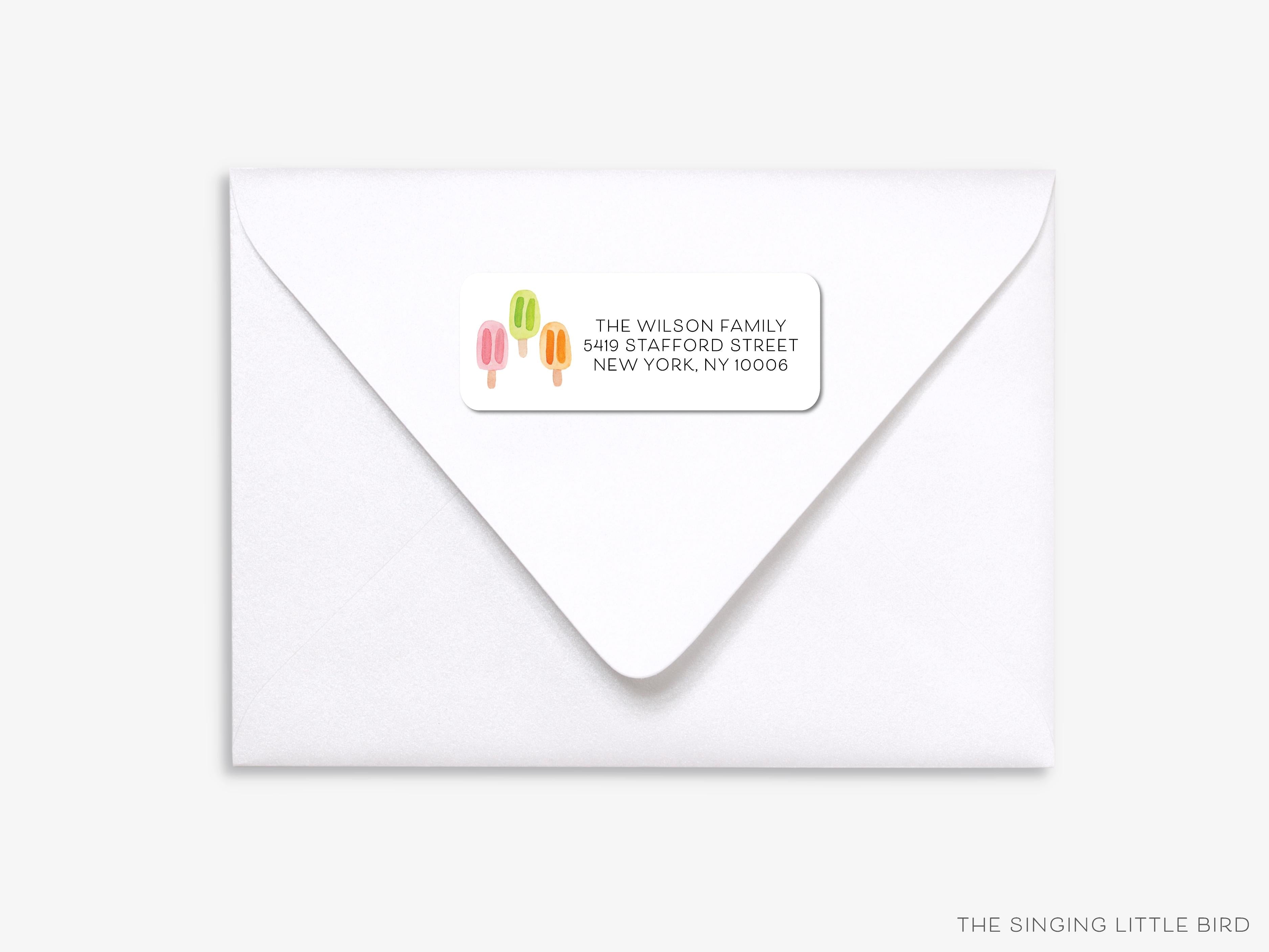 Popsicle Trio Return Address Labels-These personalized return address labels are 2.625" x 1" and feature our hand-painted watercolor Popsicles, printed in the USA on beautiful matte finish labels. These make great gifts for yourself or the frozen treat lover.-The Singing Little Bird