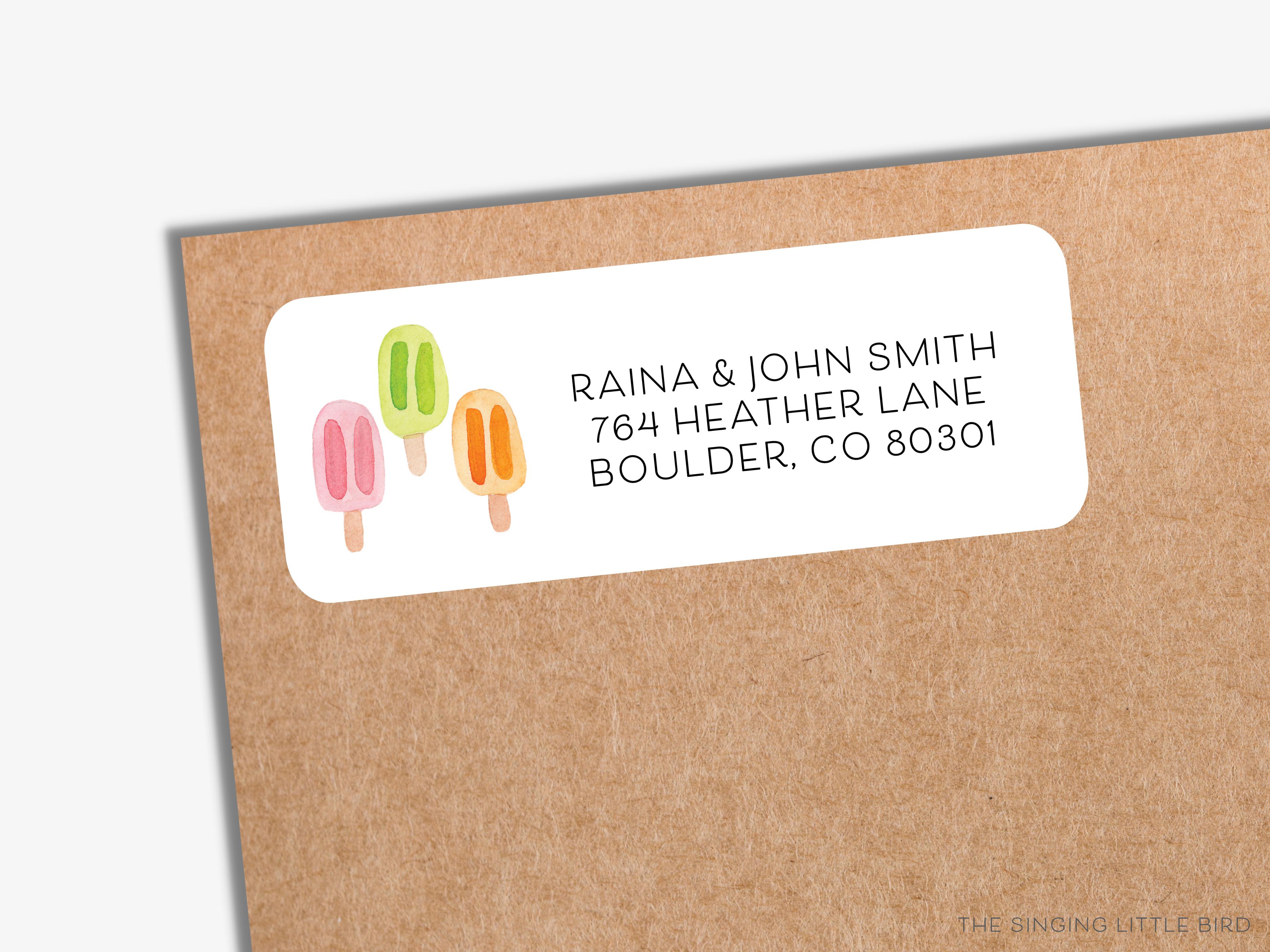 Popsicle Trio Return Address Labels-These personalized return address labels are 2.625" x 1" and feature our hand-painted watercolor Popsicles, printed in the USA on beautiful matte finish labels. These make great gifts for yourself or the frozen treat lover.-The Singing Little Bird