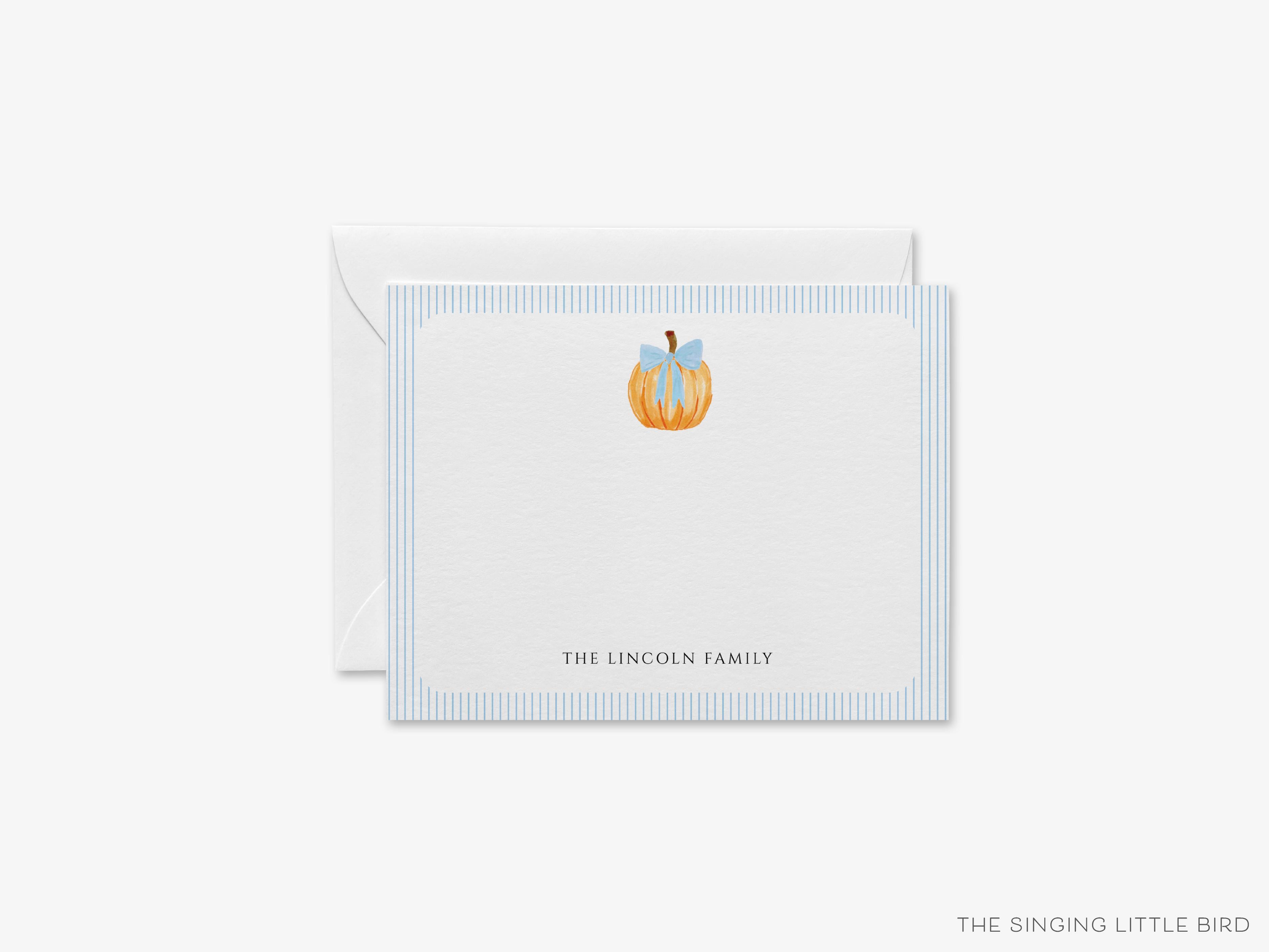 Pumpkin with Stripes Flat Notes-These personalized flat notecards are 4.25x5.5 and feature our hand-painted watercolor pumpkin and stripes, printed in the USA on 120lb textured stock. They come with your choice of envelopes and make great thank yous and gifts for the fall season lover in your life.-The Singing Little Bird
