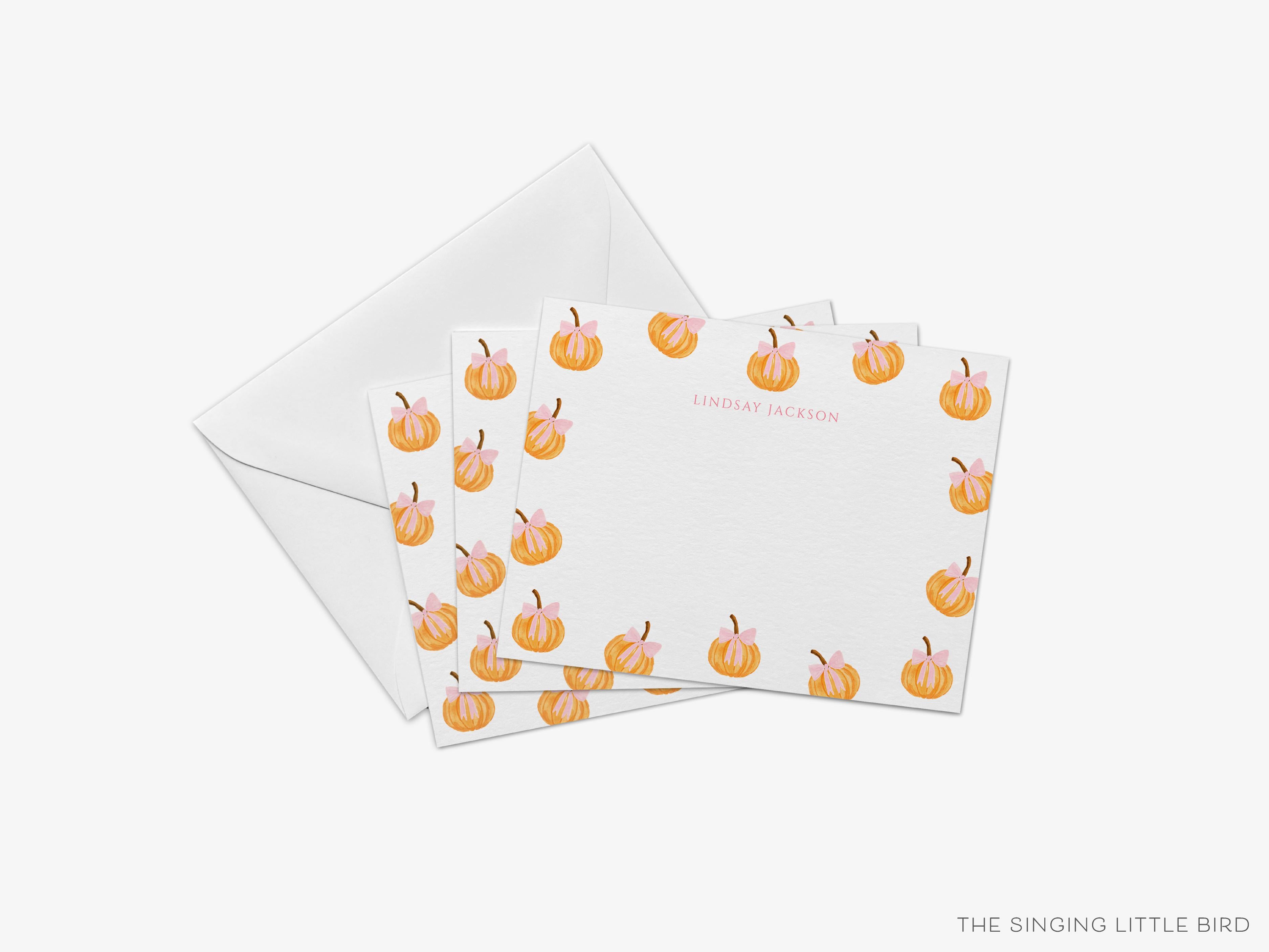 Pumpkins with Pink Bow Flat Notes-These personalized flat notecards are 4.25x5.5 and feature our hand-painted watercolor pumpkins and bows, printed in the USA on 120lb textured stock. They come with your choice of envelopes and make great thank yous and gifts for the fall season lover in your life.-The Singing Little Bird