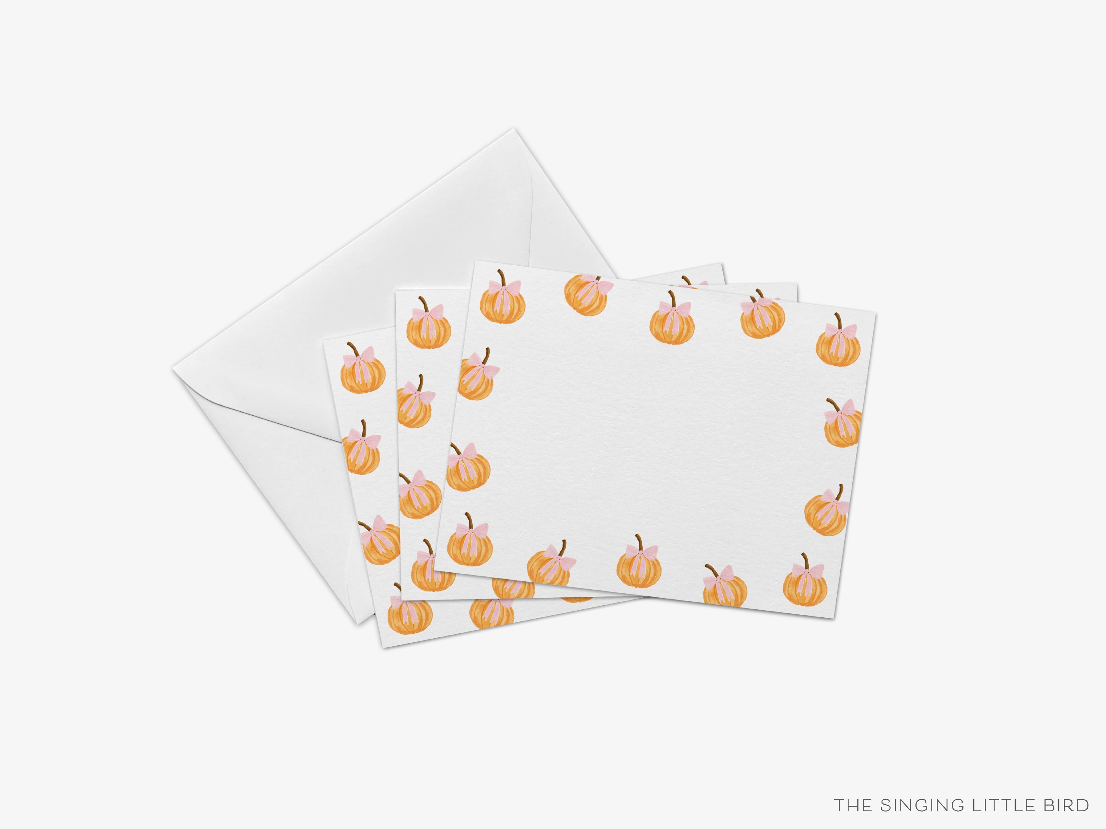 Pumpkins with Pink Bow Flat Notes-These personalized flat notecards are 4.25x5.5 and feature our hand-painted watercolor pumpkins and bows, printed in the USA on 120lb textured stock. They come with your choice of envelopes and make great thank yous and gifts for the fall season lover in your life.-The Singing Little Bird