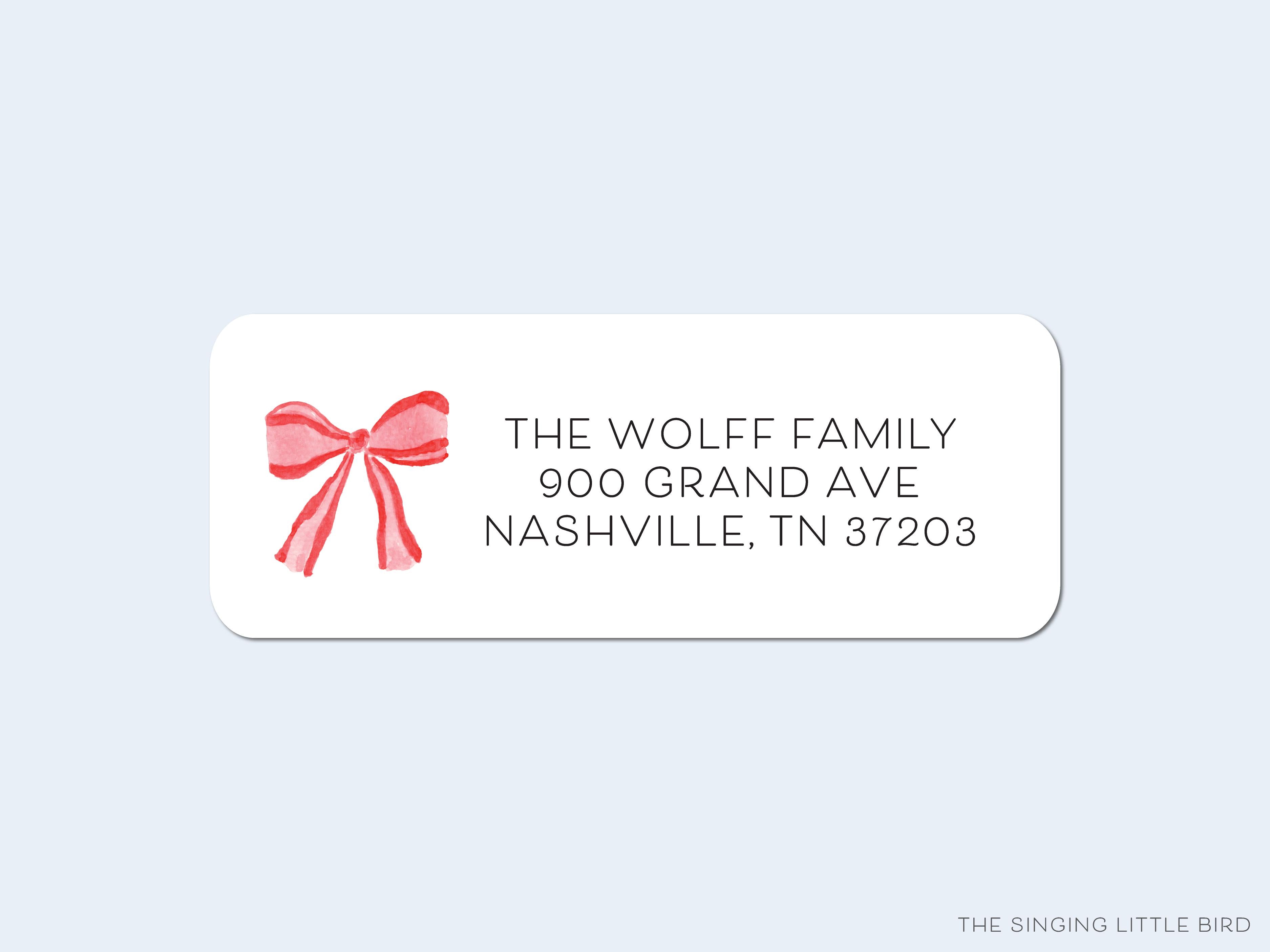Red Bow Return Address Labels-These personalized return address labels are 2.625" x 1" and feature our hand-painted watercolor bow, printed in the USA on beautiful matte finish labels. These make great gifts for yourself or the bow lover.-The Singing Little Bird