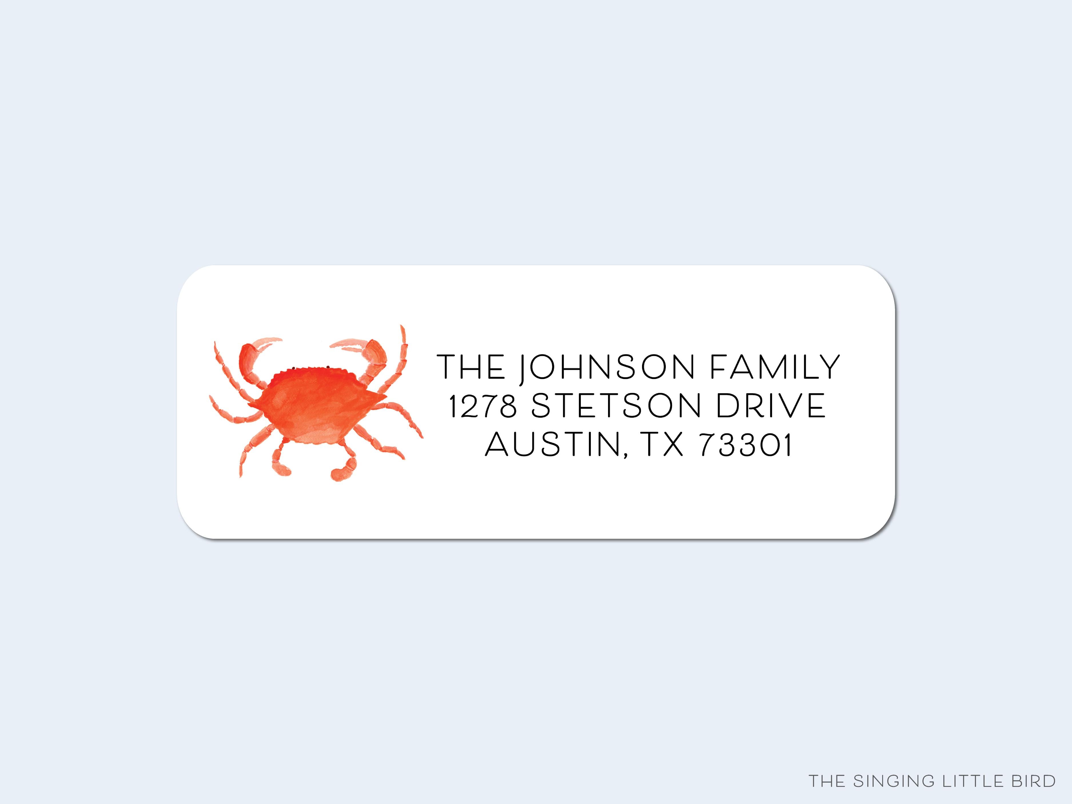 Red Crab Return Address Labels-These personalized return address labels are 2.625" x 1" and feature our hand-painted watercolor Red Crab, printed in the USA on beautiful matte finish labels. These make great gifts for yourself or the beach lover.-The Singing Little Bird