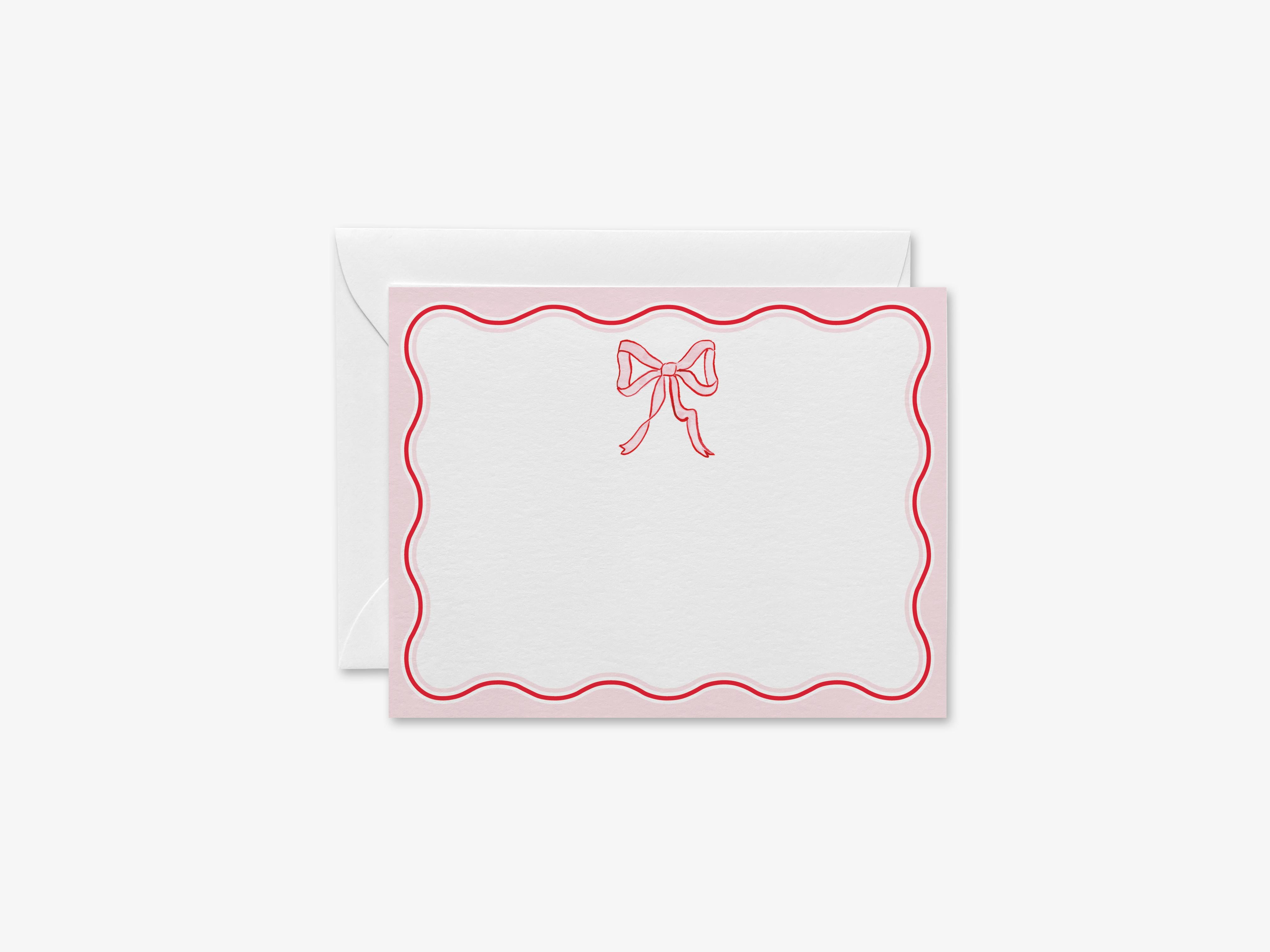Red & Pink Bow Flat Notes-These personalized flat notecards are 4.25x5.5 and feature our hand-painted watercolor red and pink bow, printed in the USA on 120lb textured stock. They come with your choice of envelopes and make great thank you cards and gifts for the bow lover in your life.-The Singing Little Bird