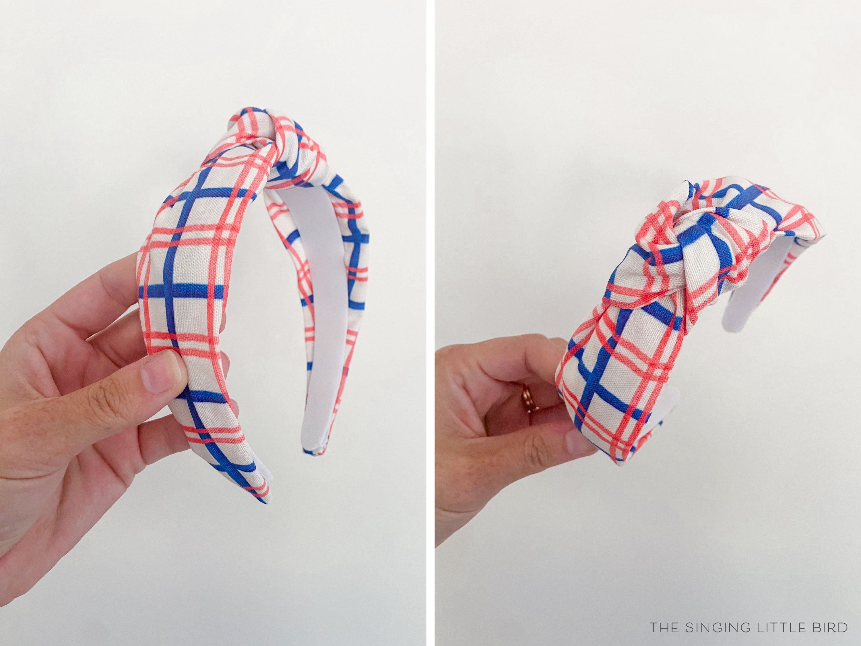 Red and Blue Windowpane Top Knot Headband-These fabric headbands make unique one-of-a-kind gifts as each one is slightly different. They are cut from our hand-painted signature print. These are the perfect accessory and make great gifts!-The Singing Little Bird