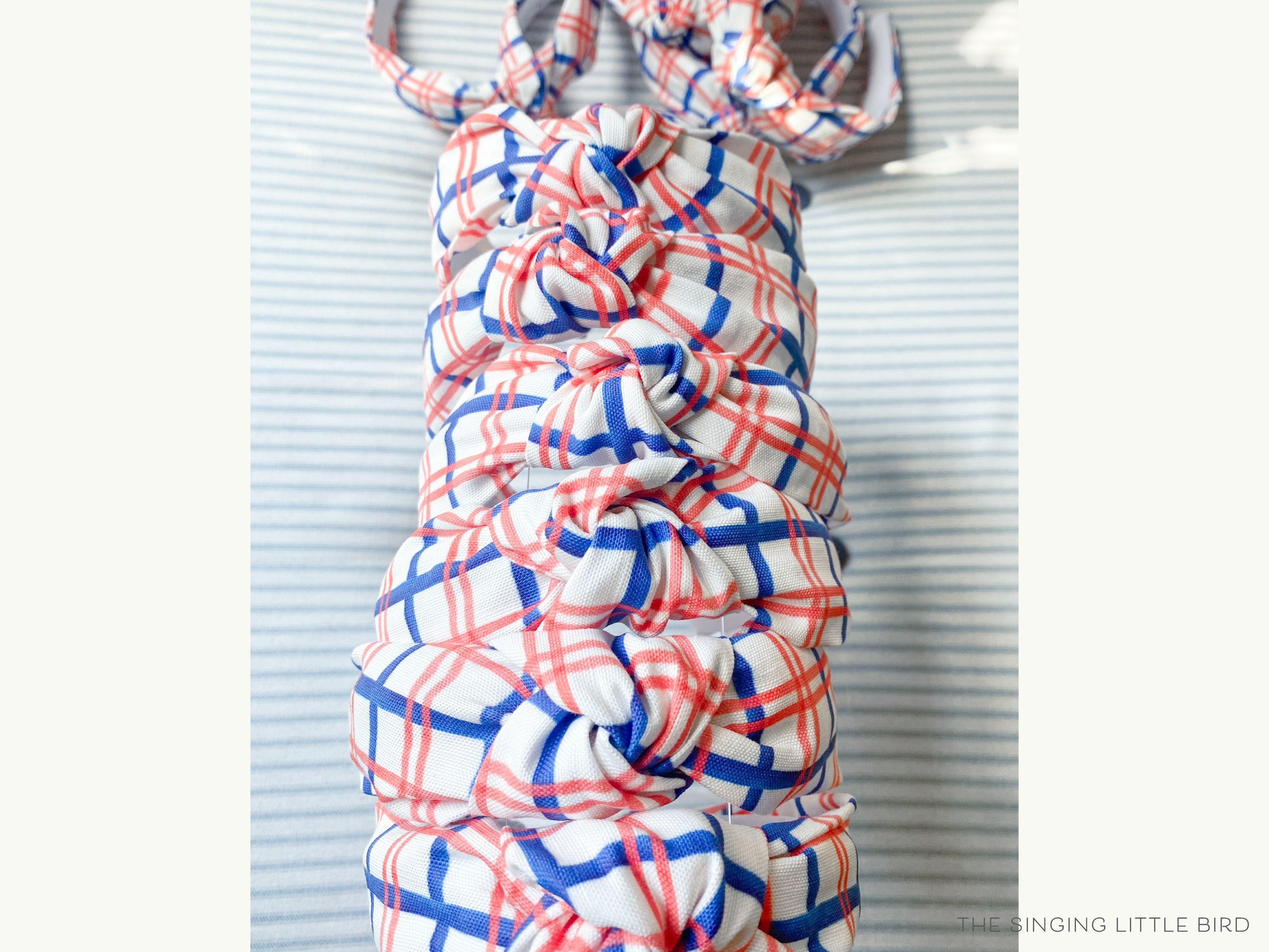 Red and Blue Windowpane Top Knot Headband-These fabric headbands make unique one-of-a-kind gifts as each one is slightly different. They are cut from our hand-painted signature print. These are the perfect accessory and make great gifts!-The Singing Little Bird