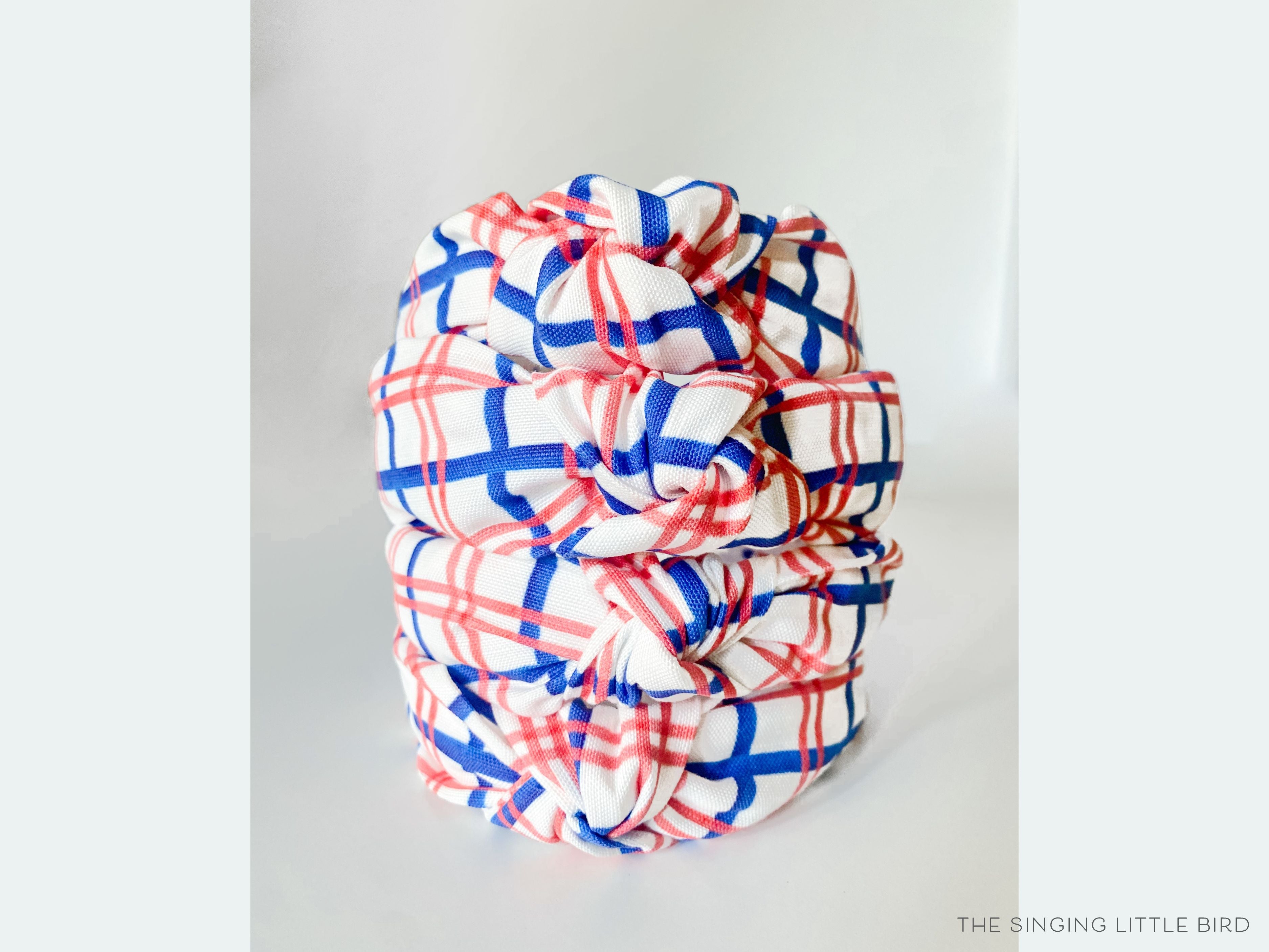 Red and Blue Windowpane Top Knot Headband-These fabric headbands make unique one-of-a-kind gifts as each one is slightly different. They are cut from our hand-painted signature print. These are the perfect accessory and make great gifts!-The Singing Little Bird