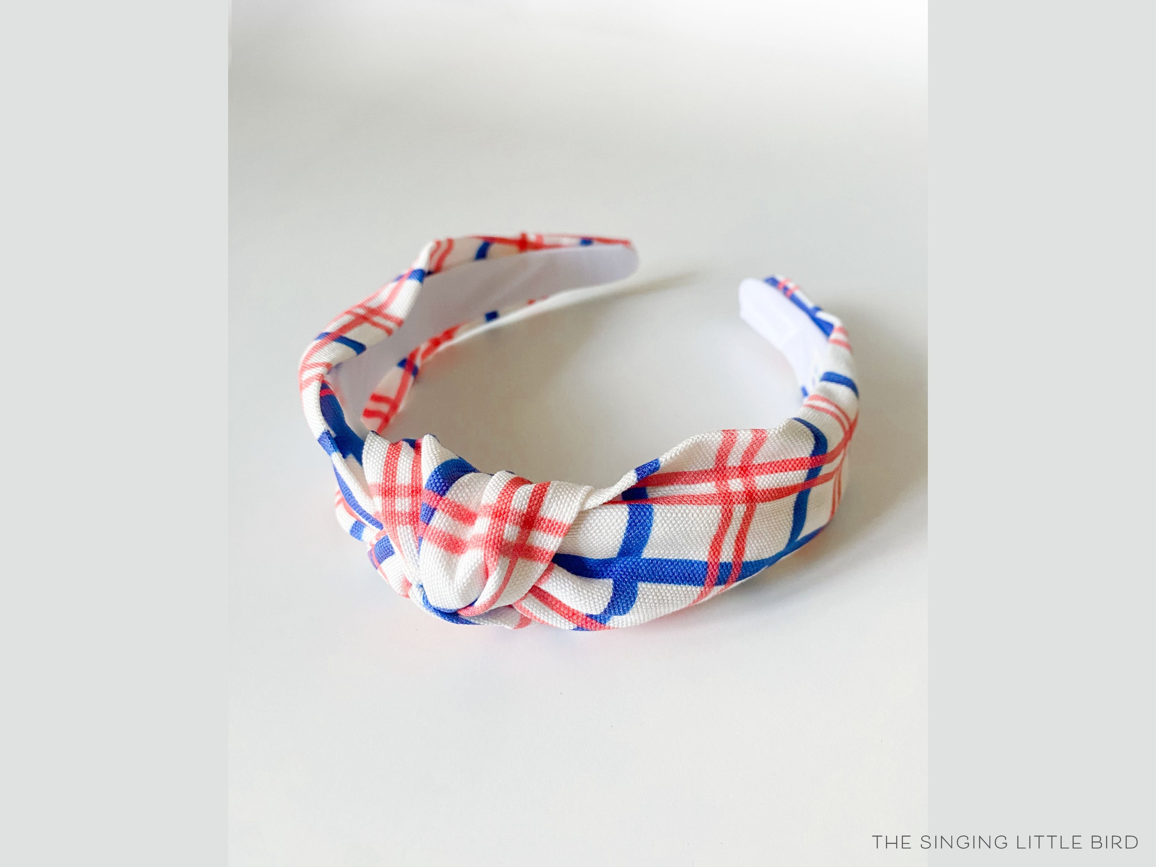 Red and Blue Windowpane Top Knot Headband-These fabric headbands make unique one-of-a-kind gifts as each one is slightly different. They are cut from our hand-painted signature print. These are the perfect accessory and make great gifts!-The Singing Little Bird