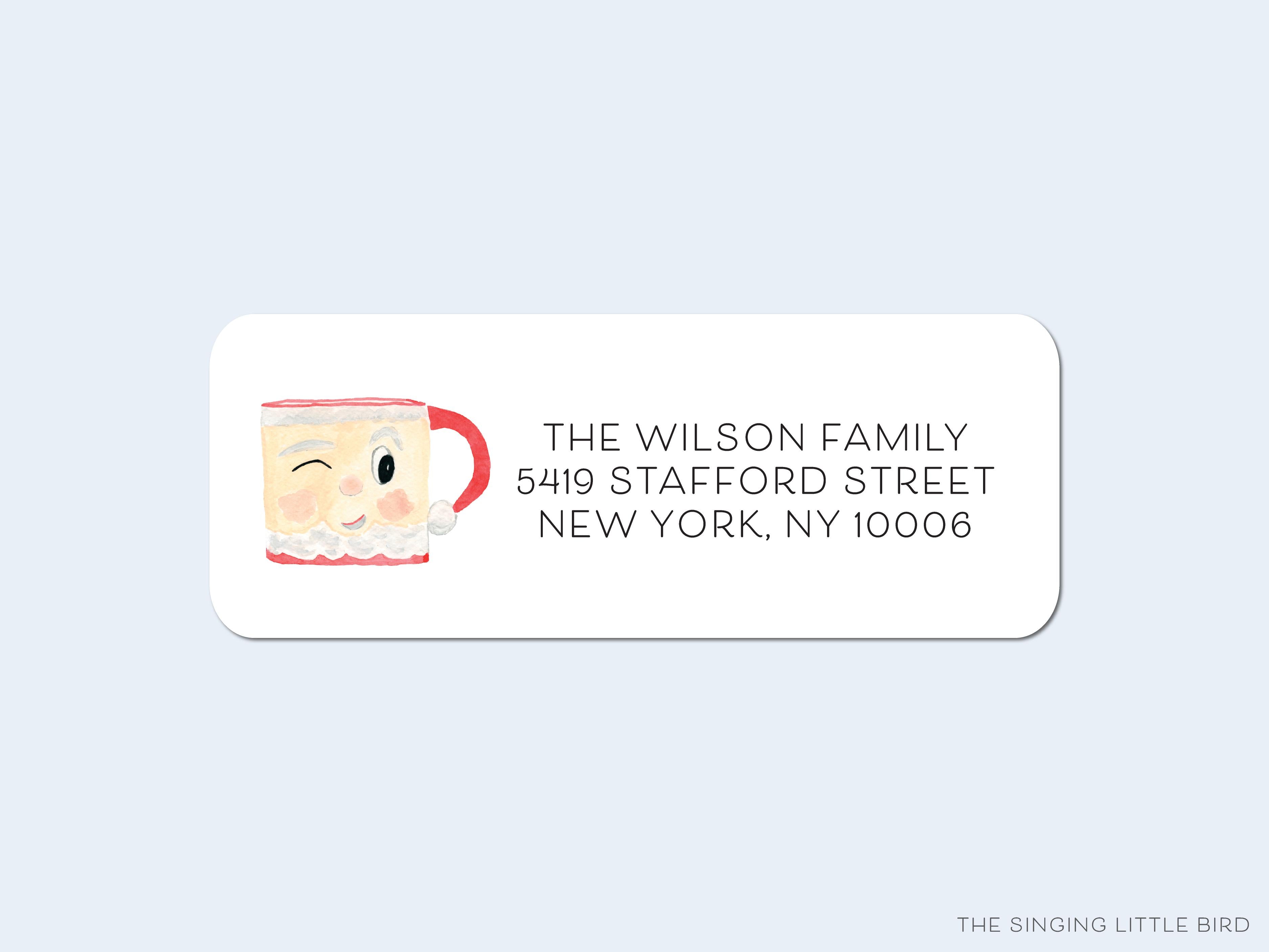 Santa Mug Return Address Labels-These personalized return address labels are 2.625" x 1" and feature our hand-painted watercolor Santa Mug, printed in the USA on beautiful matte finish labels. These make great gifts for yourself or the Christmas lover.-The Singing Little Bird