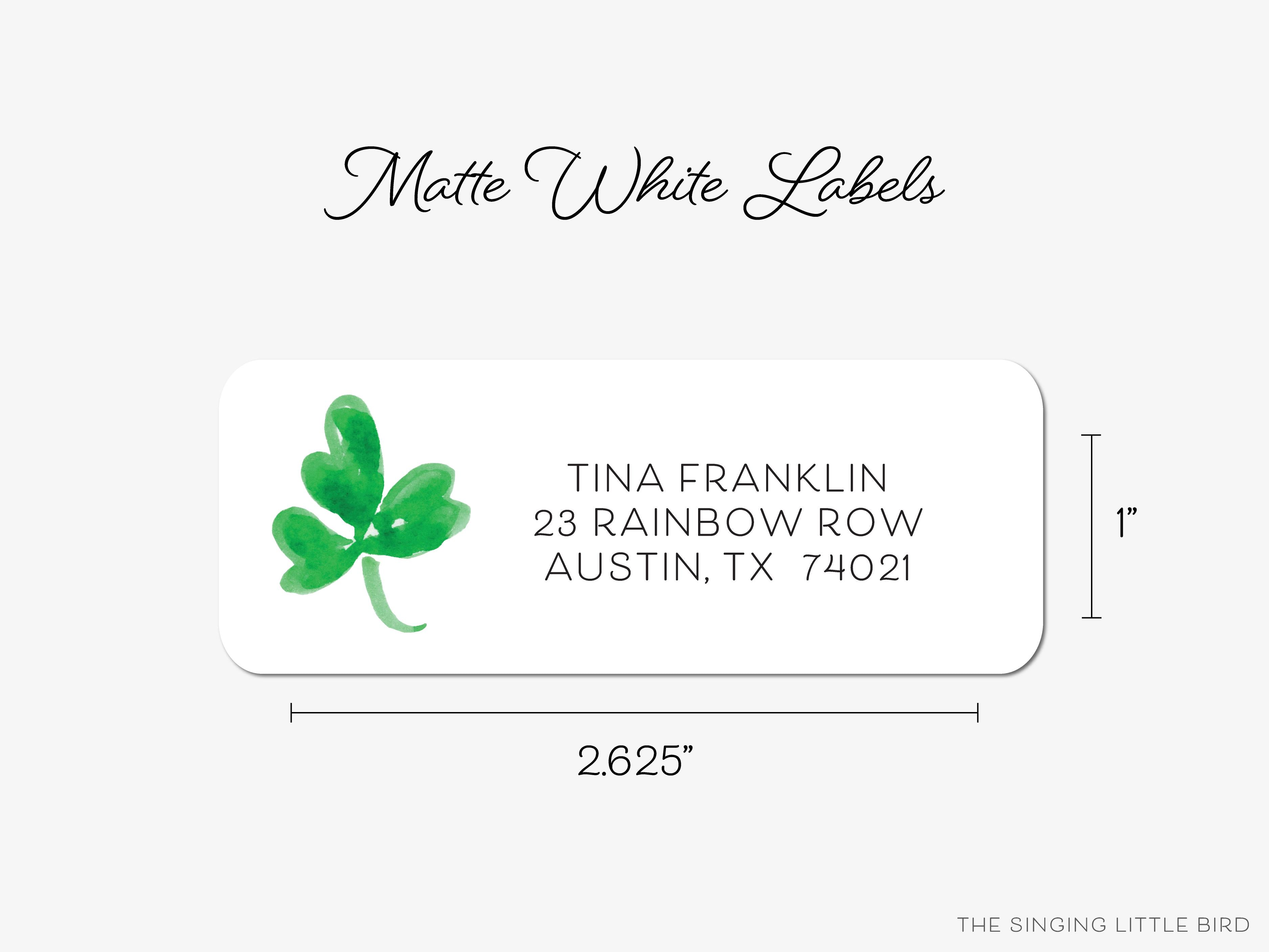 Shamrock Return Address Labels-These personalized return address labels are 2.625" x 1" and feature our hand-painted watercolor three leaf clover, printed in the USA on beautiful matte finish labels. These make great gifts for yourself or the shamrock lover.-The Singing Little Bird