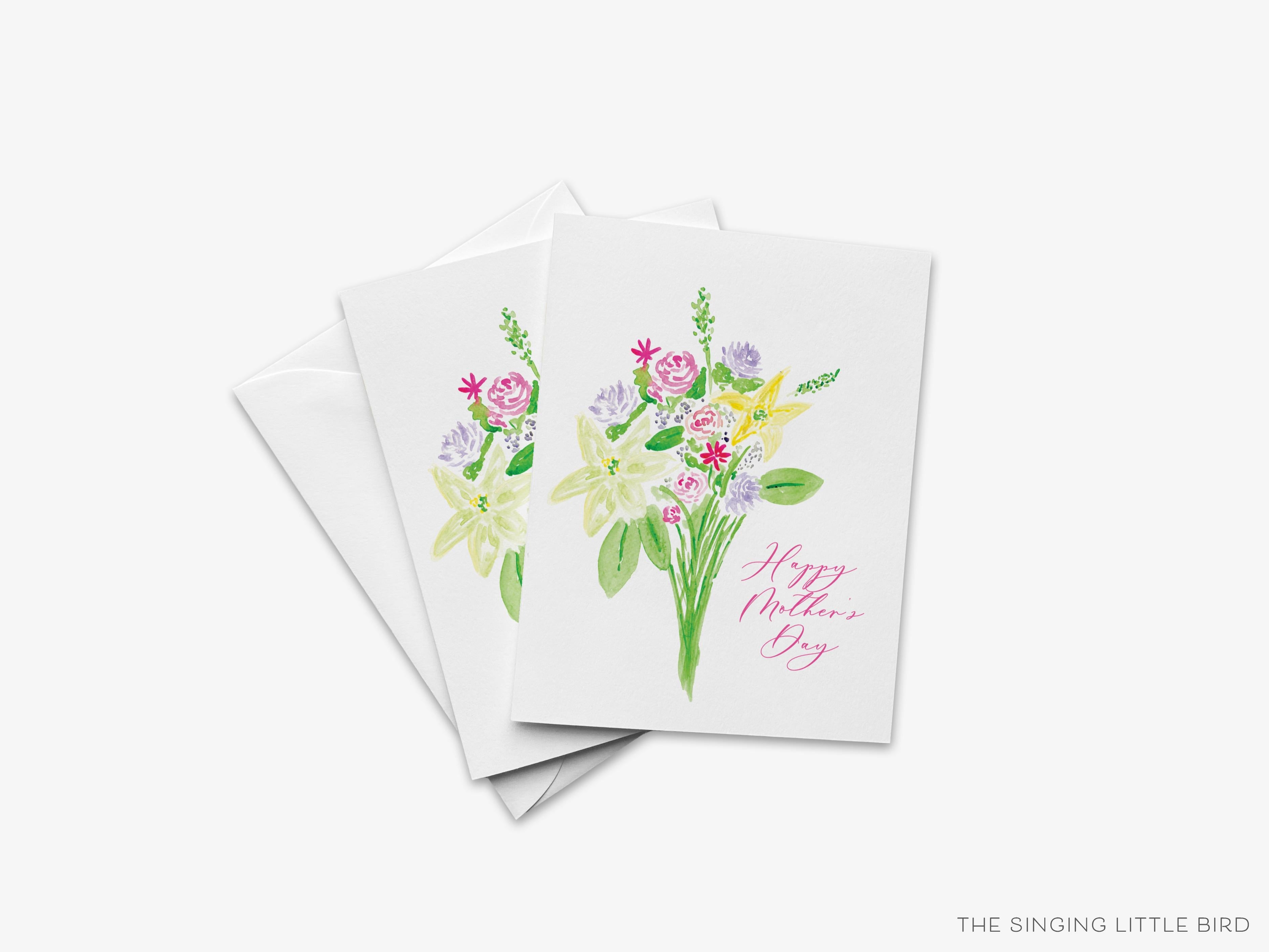 Spring Bouquet Mother's Day Greeting Card-These folded greeting cards are 4.25x5.5 and feature our hand-painted flower bouquet, printed in the USA on 100lb textured stock. They come with a White envelope and make a great Mother's Day card for the mom in your life.-The Singing Little Bird