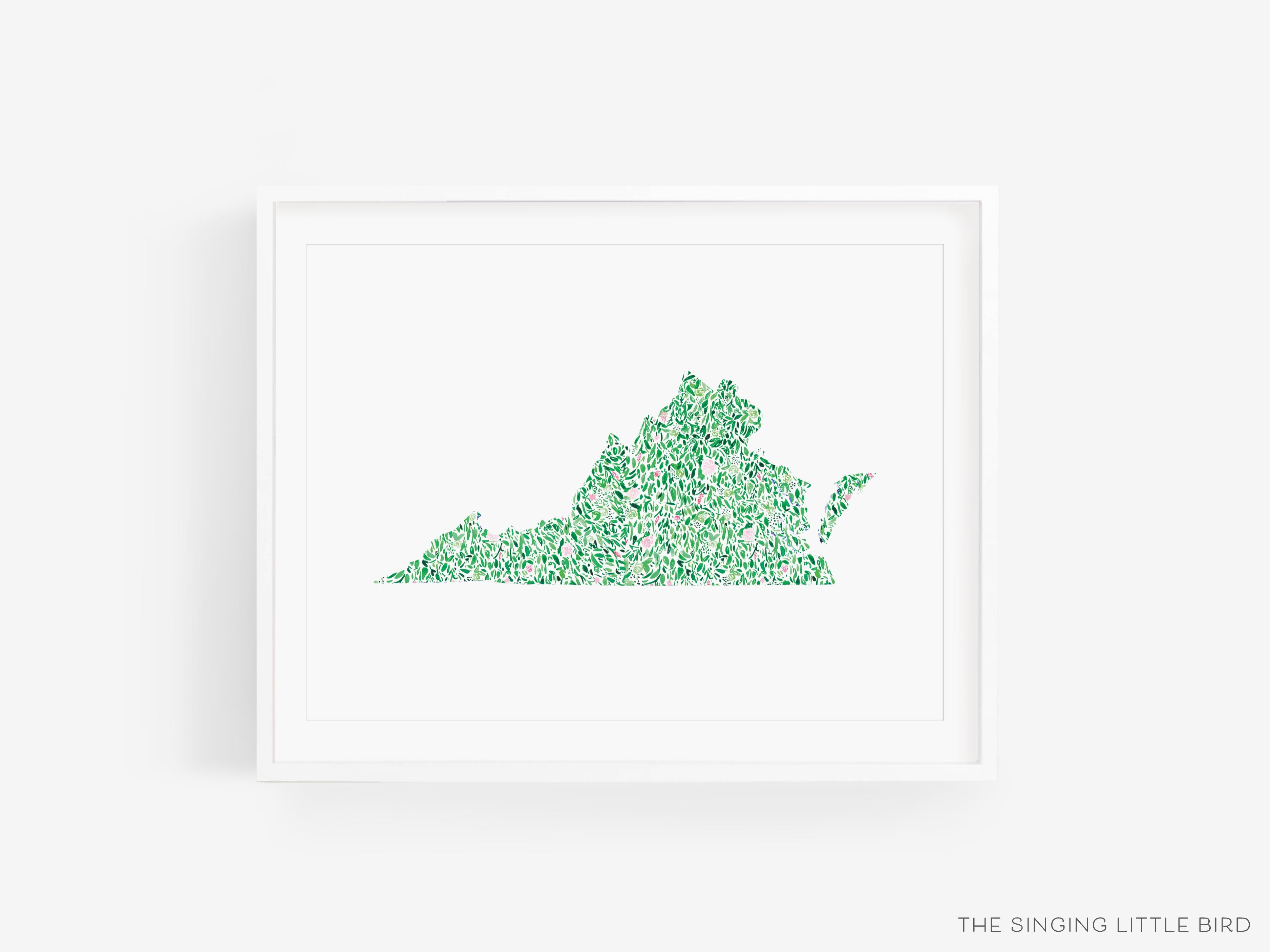 State of Virginia Art Print-This watercolor art print features our hand-painted floral pattern in the shape of Virginia, printed in the USA on 120lb high quality art paper. This makes a great gift or wall decor for the Virginian lover in your life.-The Singing Little Bird
