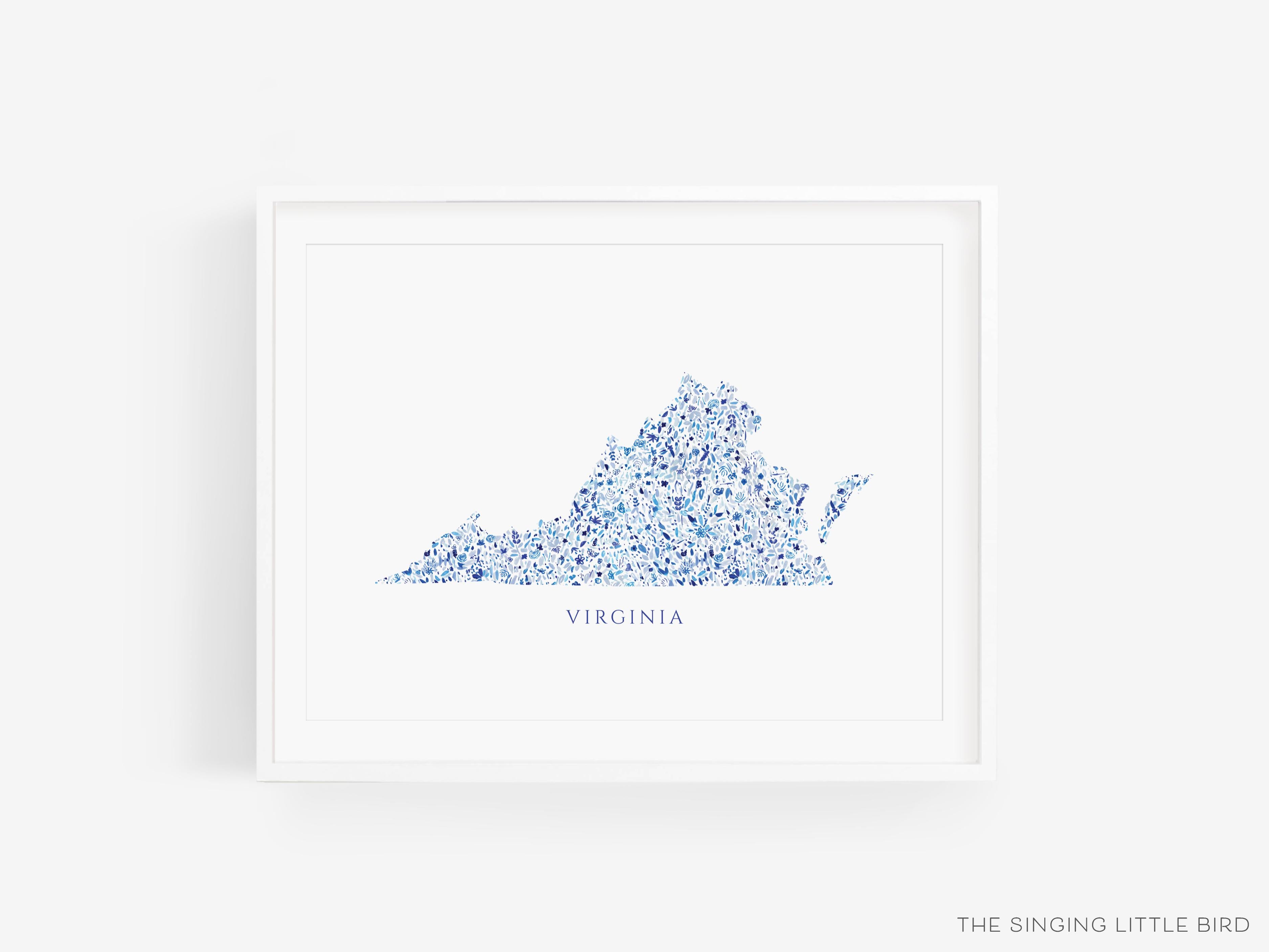 State of Virginia with Text Art Print-This watercolor art print features our hand-painted floral pattern in the shape of Virginia, printed in the USA on 120lb high quality art paper. This makes a great gift or wall decor for the Virginian lover in your life.-The Singing Little Bird