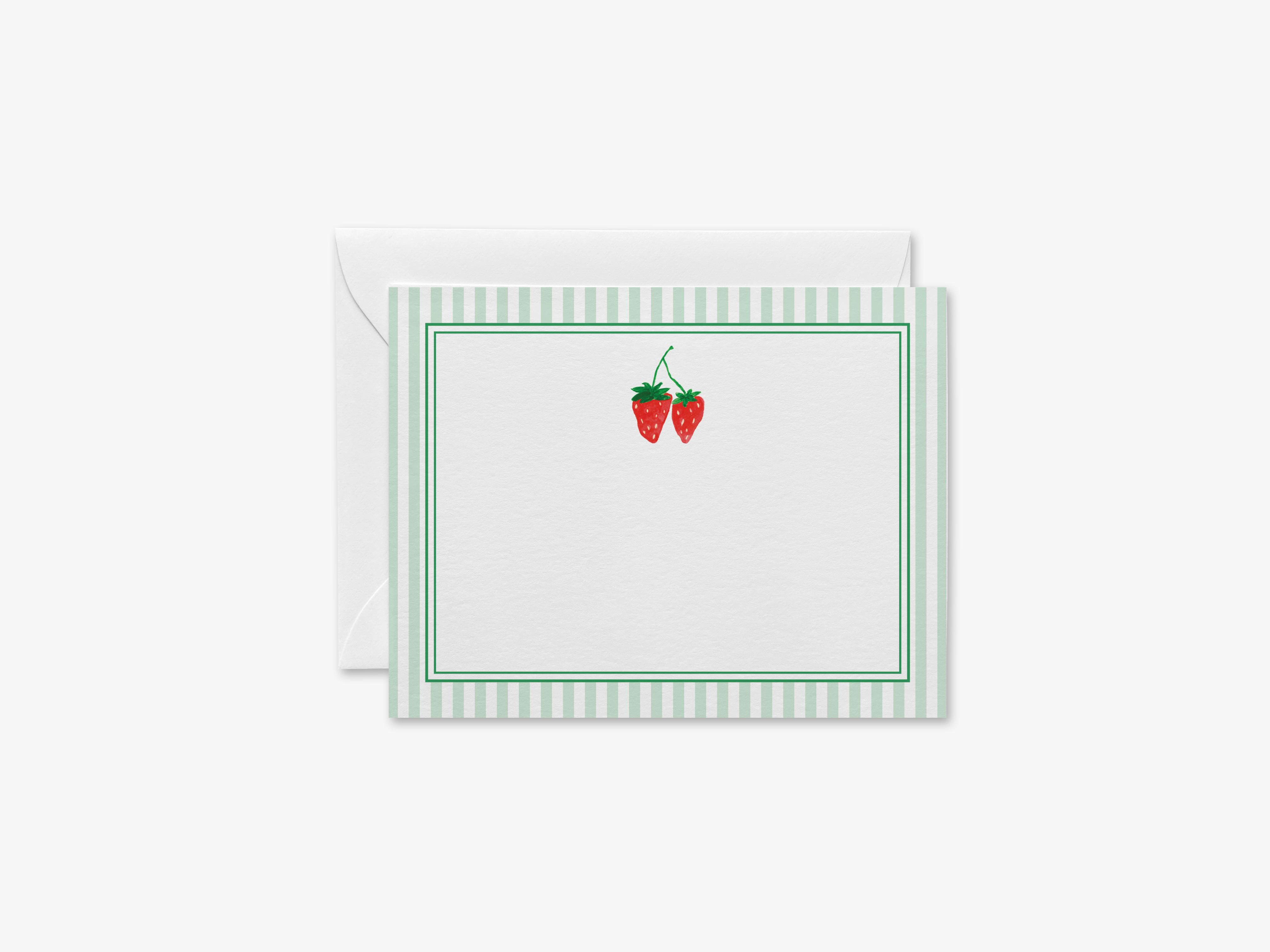 Strawberry Flat Notes-These personalized flat notecards are 4.25x5.5 and feature our hand-painted watercolor strawberries, printed in the USA on 120lb textured stock. They come with your choice of envelopes and make great thank yous and gifts for the berry lover in your life.-The Singing Little Bird