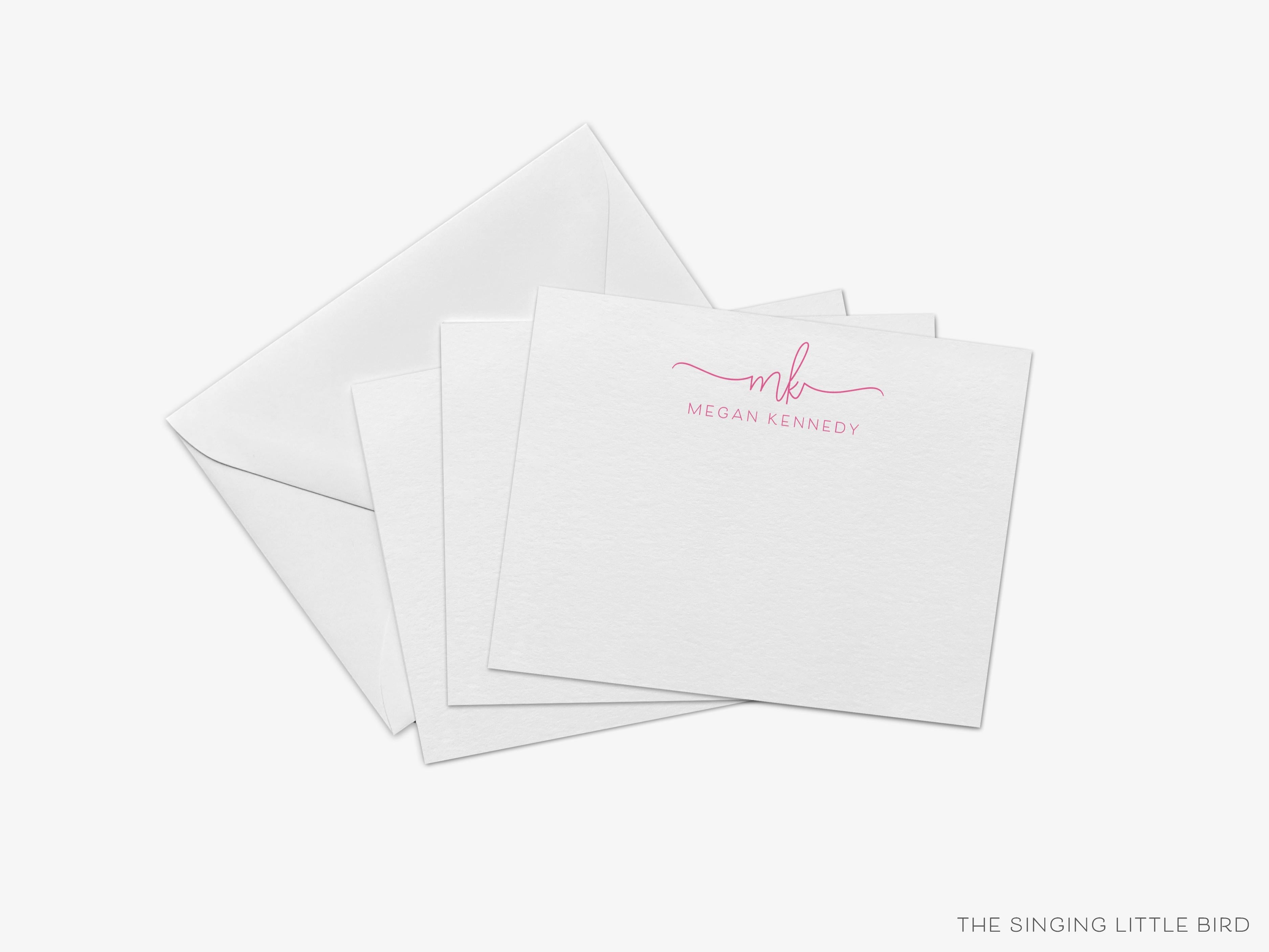 Swash Script Monogram Flat Notes-These personalized flat notecards are 4.25x5.5 and feature our hand-painted watercolor swash script initials, printed in the USA on 120lb textured stock. They come with your choice of envelopes and make great thank yous and gifts for the monogram lover in your life.-The Singing Little Bird