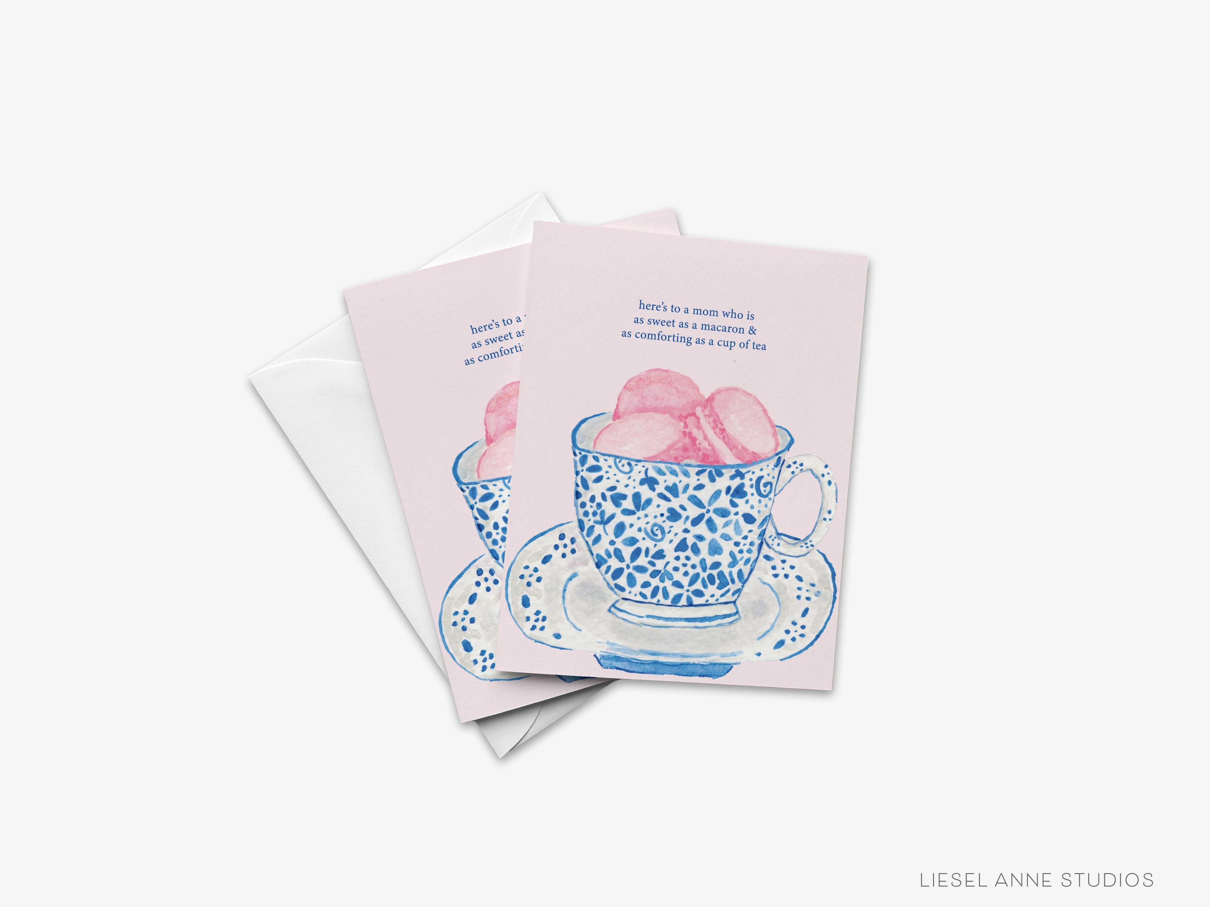 Tea & Macarons Card for Mom Greeting Card-These folded cheers cards are 4.25x5.5 and feature our hand-painted watercolor macarons and tea cup, printed in the USA on 100lb textured stock. They come with a white envelope and make a thoughtful card for a Mother or Grandmother.-The Singing Little Bird