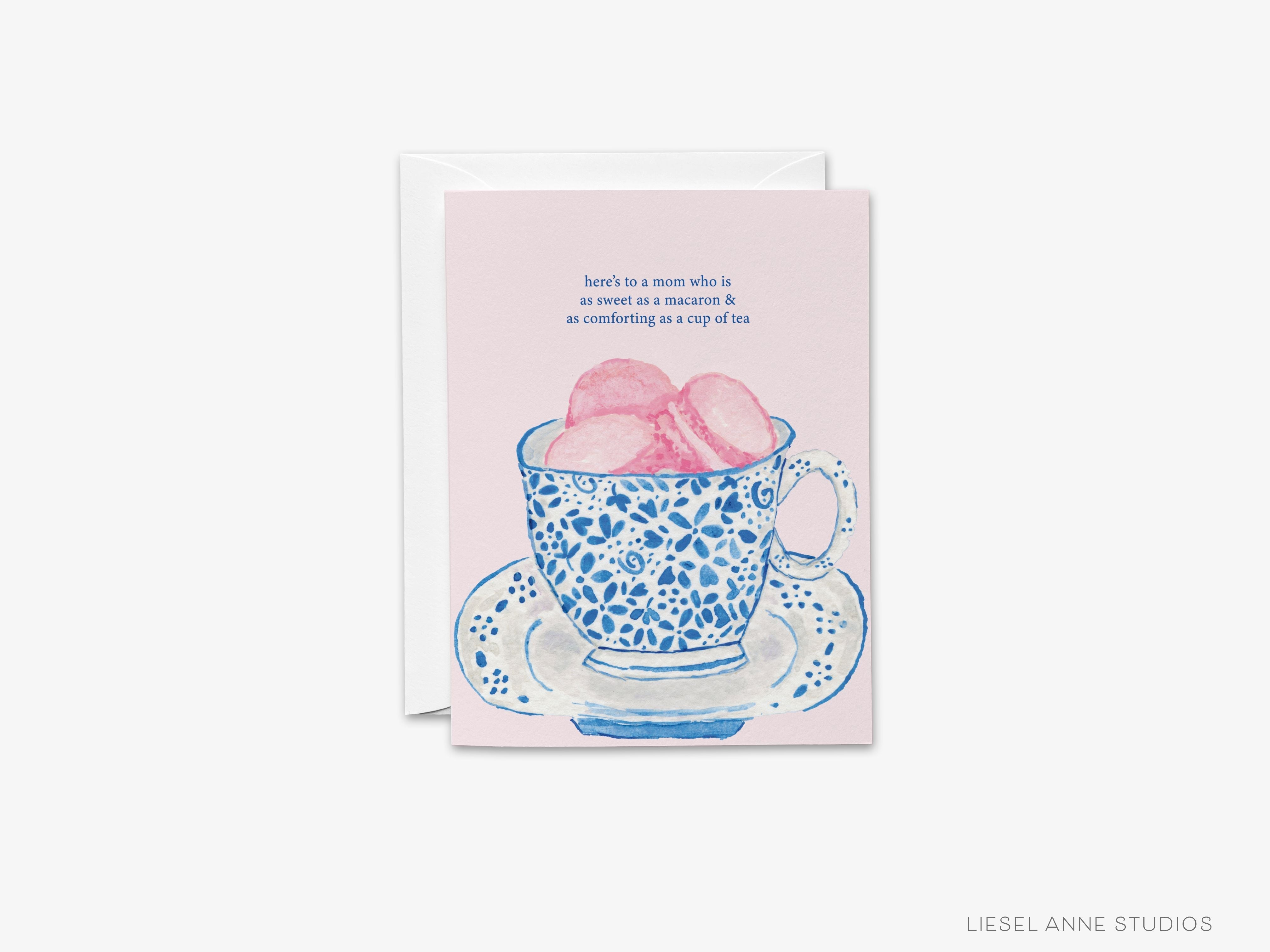 Tea & Macarons Card for Mom Greeting Card-These folded cheers cards are 4.25x5.5 and feature our hand-painted watercolor macarons and tea cup, printed in the USA on 100lb textured stock. They come with a white envelope and make a thoughtful card for a Mother or Grandmother.-The Singing Little Bird