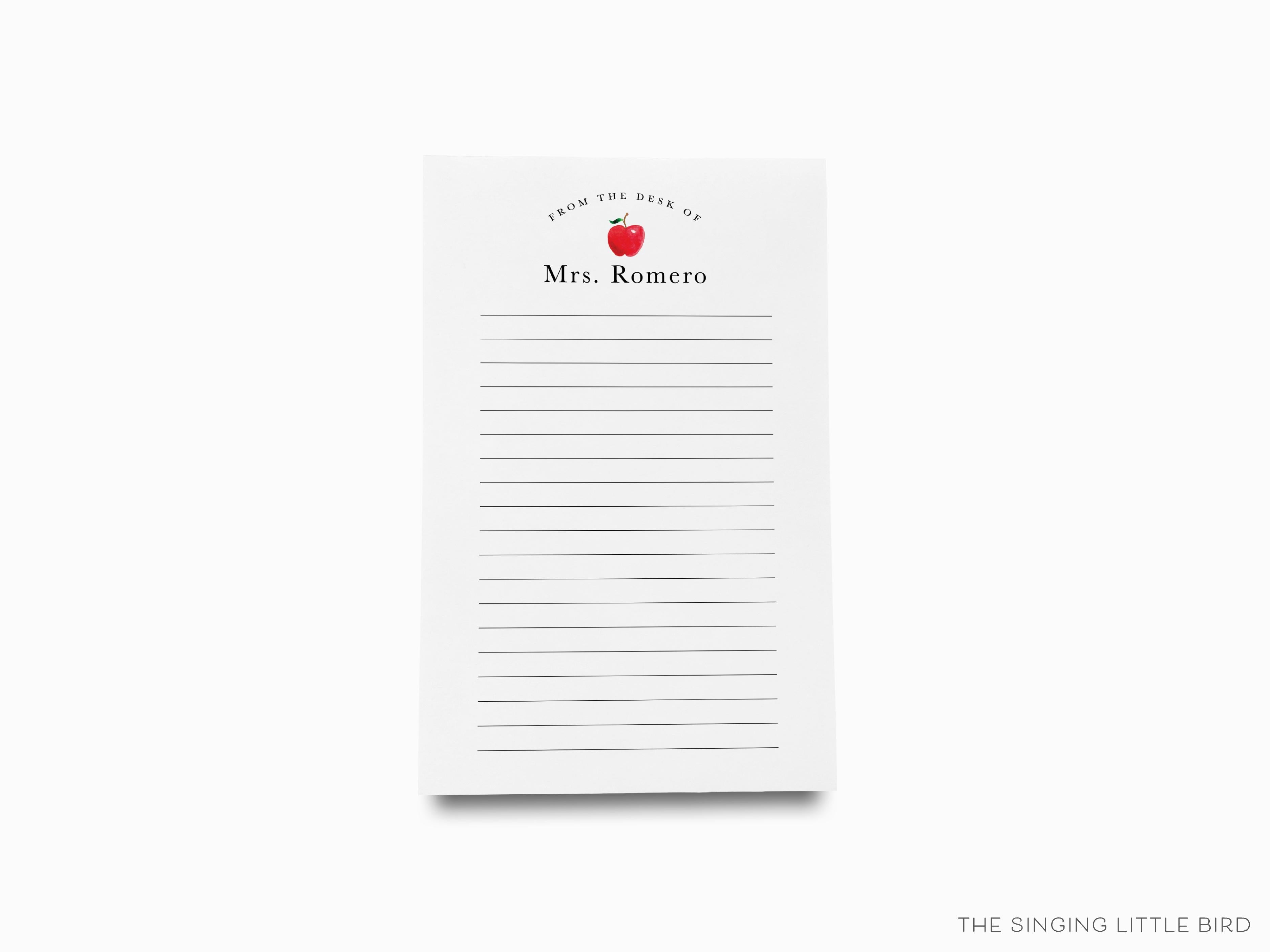 Teacher Apple Notepad-These personalized notepads feature our hand-painted watercolor apple, printed in the USA on a beautiful smooth stock. You choose which size you want (or bundled together for a beautiful gift set) and makes a great gift for the checklist and teacher in your life.-The Singing Little Bird