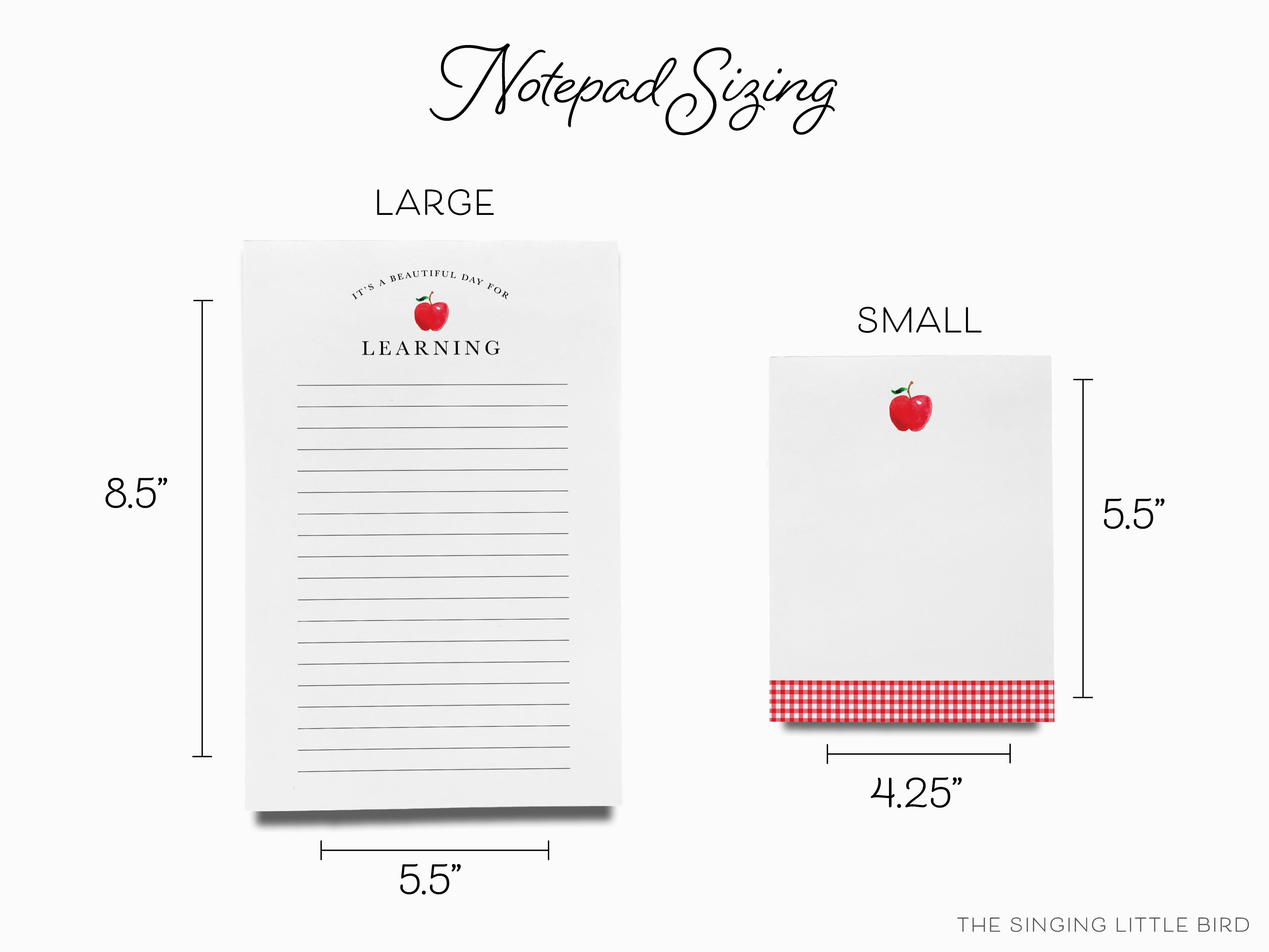 Teacher Apple Notepad-These personalized notepads feature our hand-painted watercolor apple, printed in the USA on a beautiful smooth stock. You choose which size you want (or bundled together for a beautiful gift set) and makes a great gift for the checklist and teacher in your life.-The Singing Little Bird