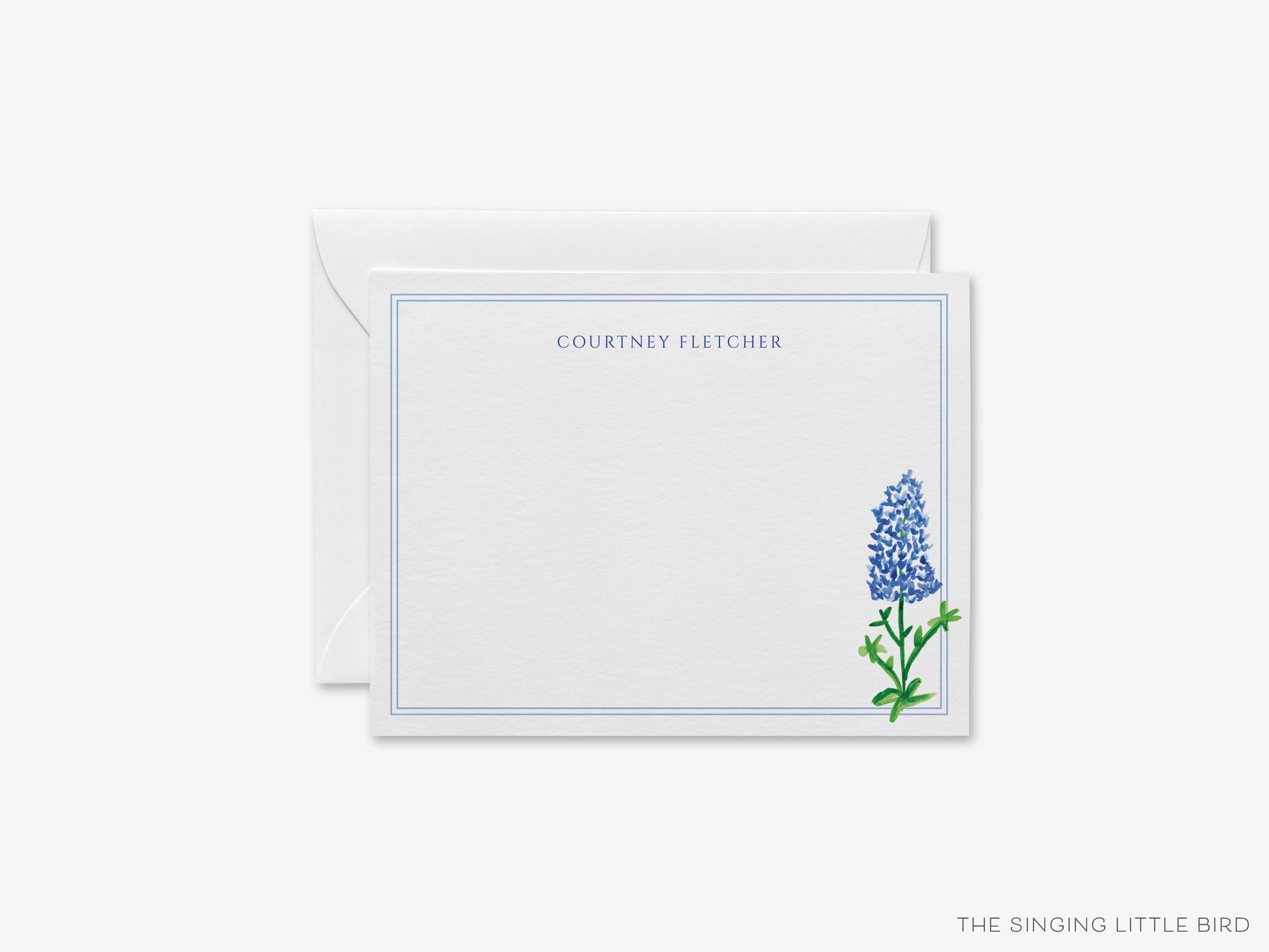 Texas Bluebonnet Flat Notes-These personalized flat notecards are 4.25x5.5 and feature our hand-painted watercolor bluebonnets, printed in the USA on 120lb textured stock. They come with your choice of envelopes and make great thank yous and gifts for the flower lover in your life.-The Singing Little Bird