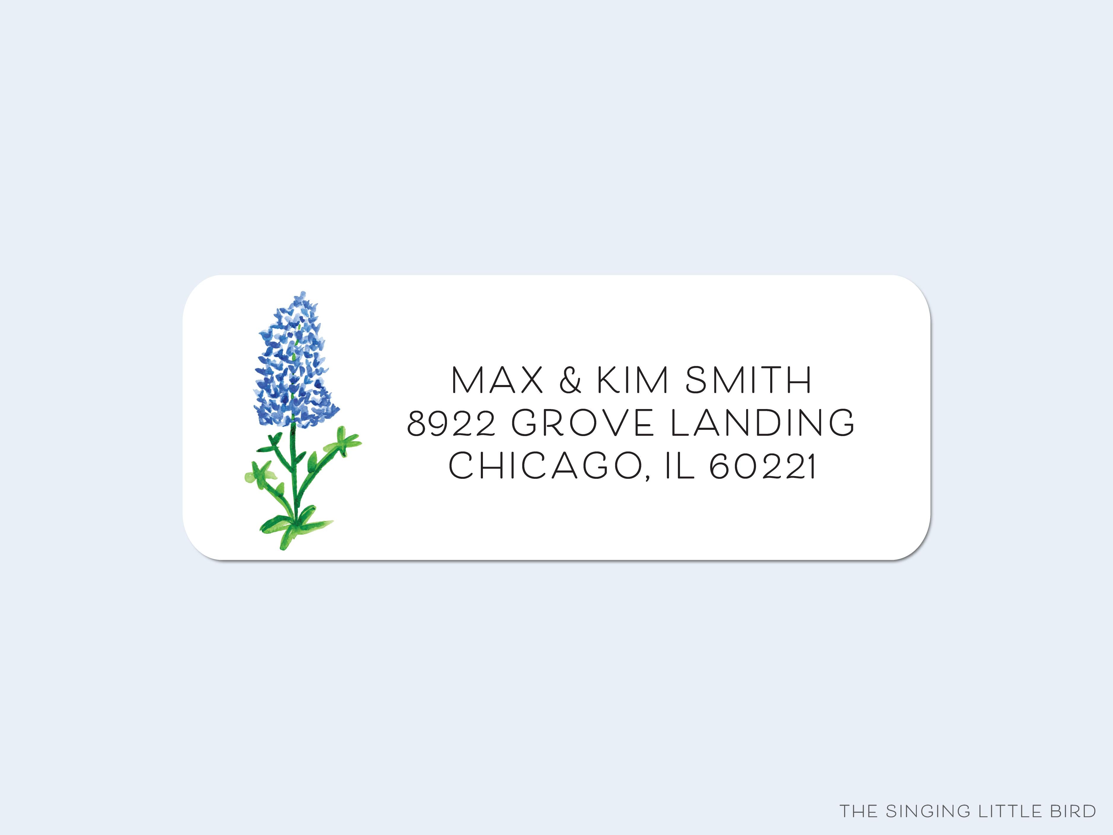 Texas Bluebonnet Return Address Labels-These personalized return address labels are 2.625" x 1" and feature our hand-painted watercolor Texas Bluebonnet, printed in the USA on beautiful matte finish labels. These make great gifts for yourself or the flower lover.-The Singing Little Bird