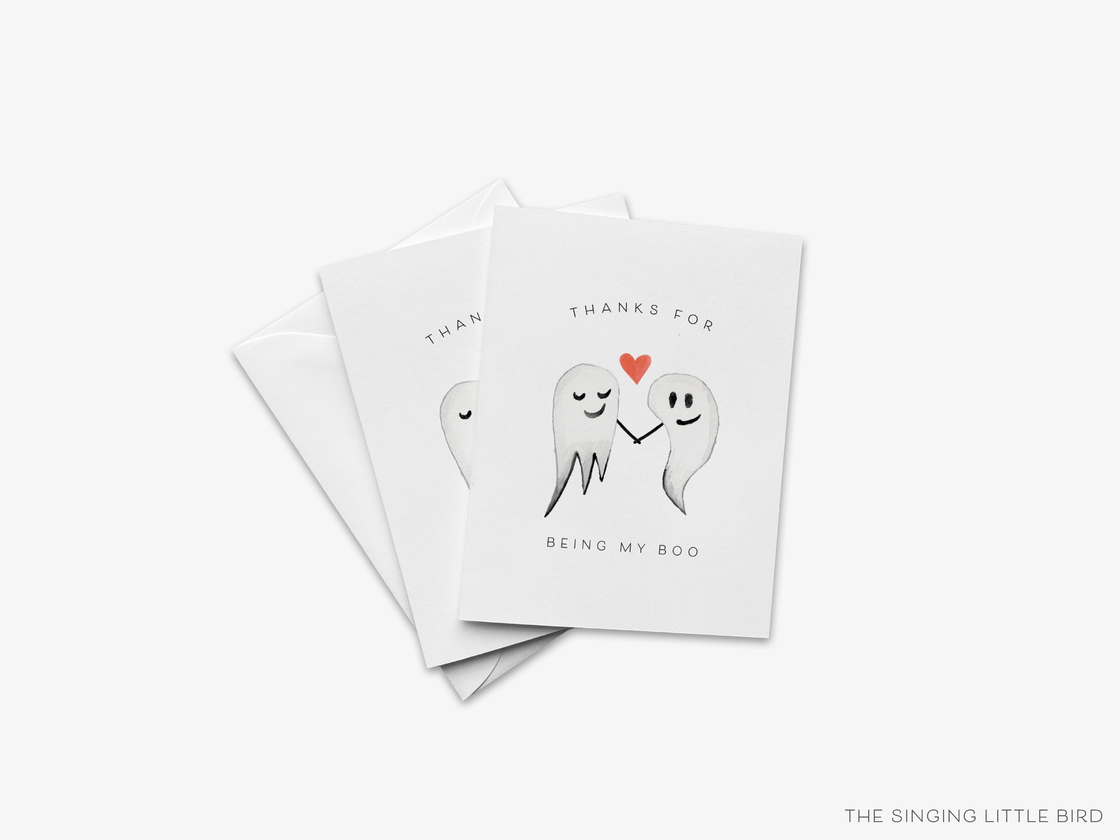 Thanks For Being My Boo Greeting Card-These folded greeting cards are 4.25x5.5 and feature our hand-painted ghosts, printed in the USA on 100lb textured stock. They come with a White envelope and make a great Anniversary card for the spooky lover in your life.-The Singing Little Bird