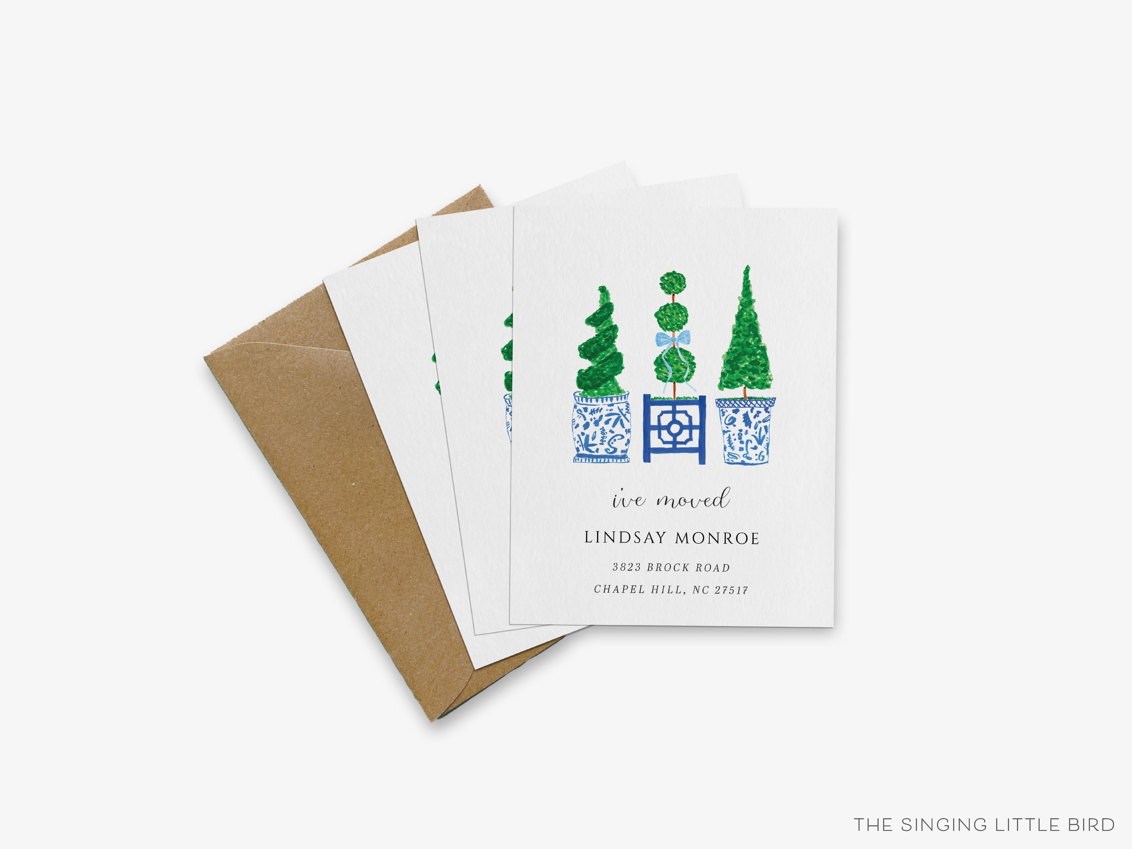 Topiary Moving Announcement-These personalized flat change of address cards are 4.25x5.5 and feature our hand-painted watercolor topiaries and ginger jars, printed in the USA on 120lb textured stock. They come with your choice of envelopes and make great moving announcements for the greenery and chinoiserie lover.-The Singing Little Bird