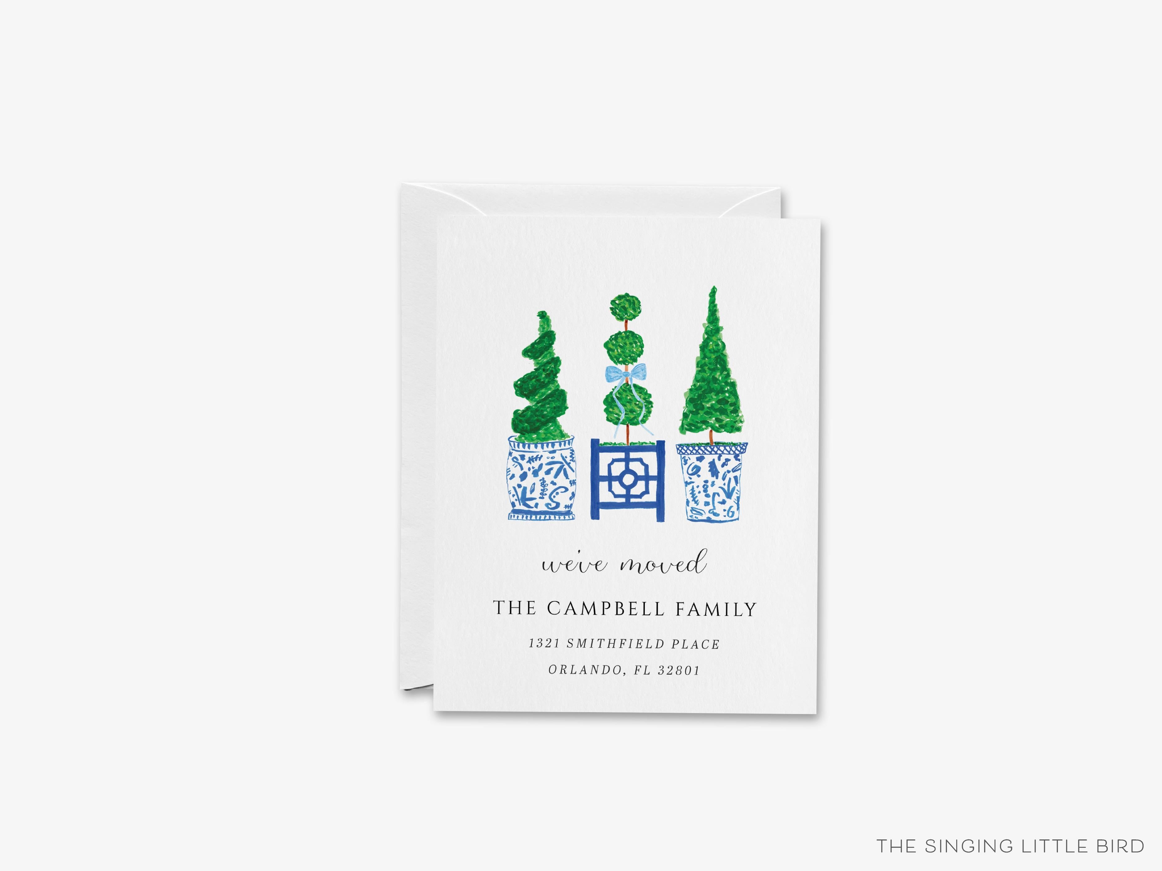 Topiary Moving Announcement-These personalized flat change of address cards are 4.25x5.5 and feature our hand-painted watercolor topiaries and ginger jars, printed in the USA on 120lb textured stock. They come with your choice of envelopes and make great moving announcements for the greenery and chinoiserie lover.-The Singing Little Bird