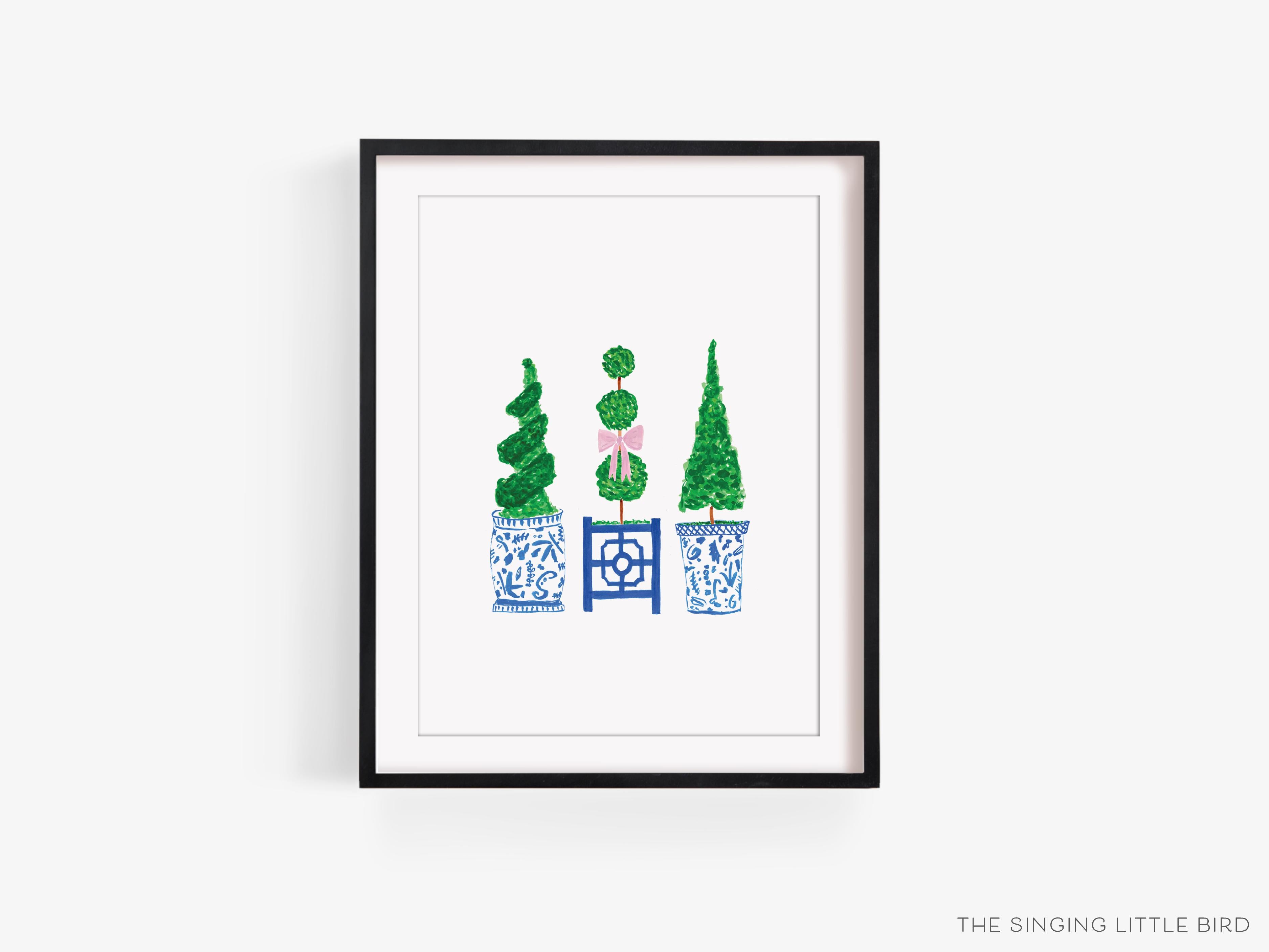 Topiary Trio Art Print-This watercolor art print features our hand-painted topiaries in ginger jars, printed in the USA on 120lb high quality art paper. This makes a great gift or wall decor for the chinoiserie lover in your life.-The Singing Little Bird