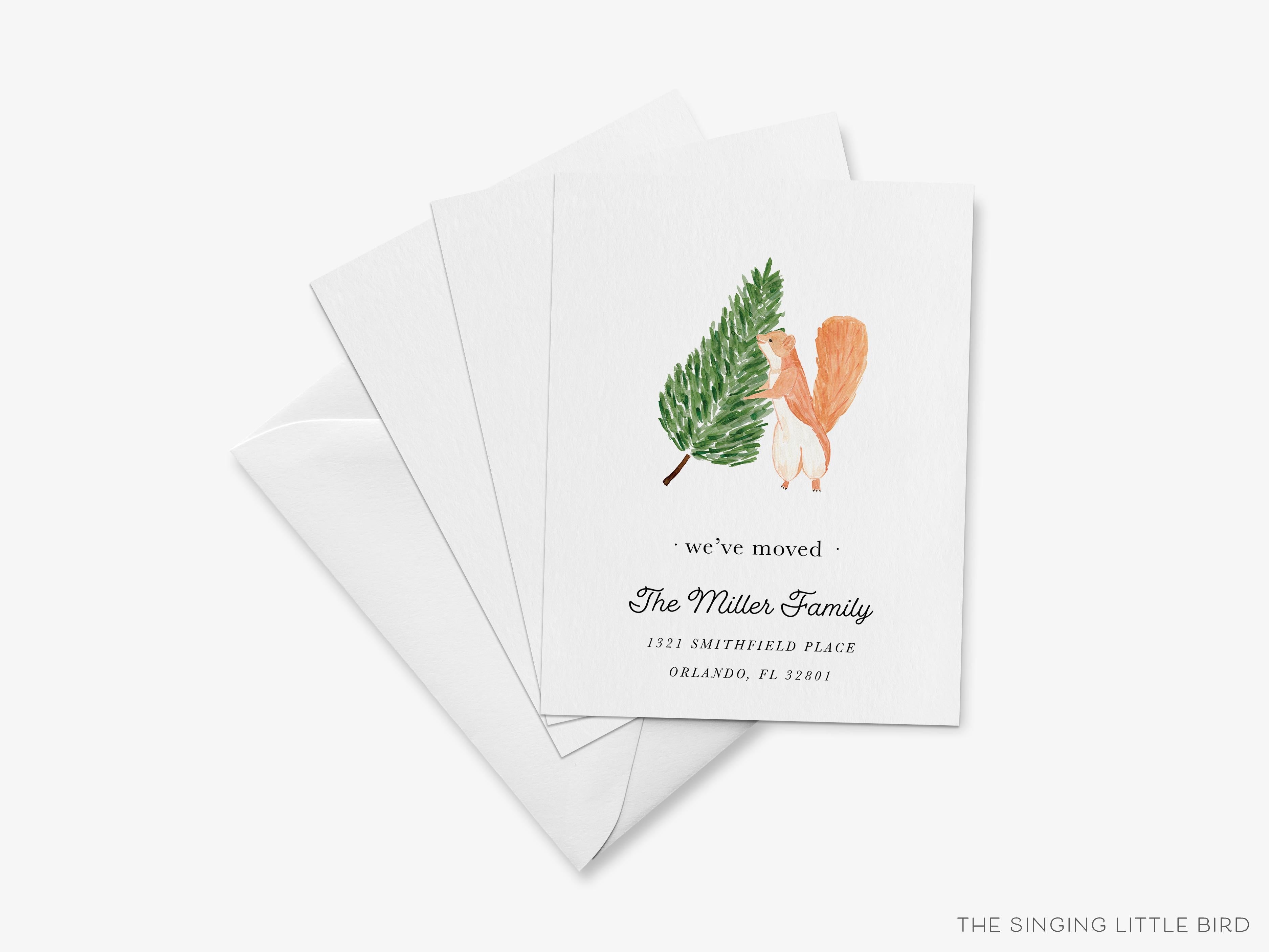 Tree Squirrel Moving Announcement-These personalized flat change of address cards are 4.25x5.5 and feature our hand-painted watercolor squirrel, printed in the USA on 120lb textured stock. They come with your choice of envelopes and make great moving announcements for the animal lover.-The Singing Little Bird