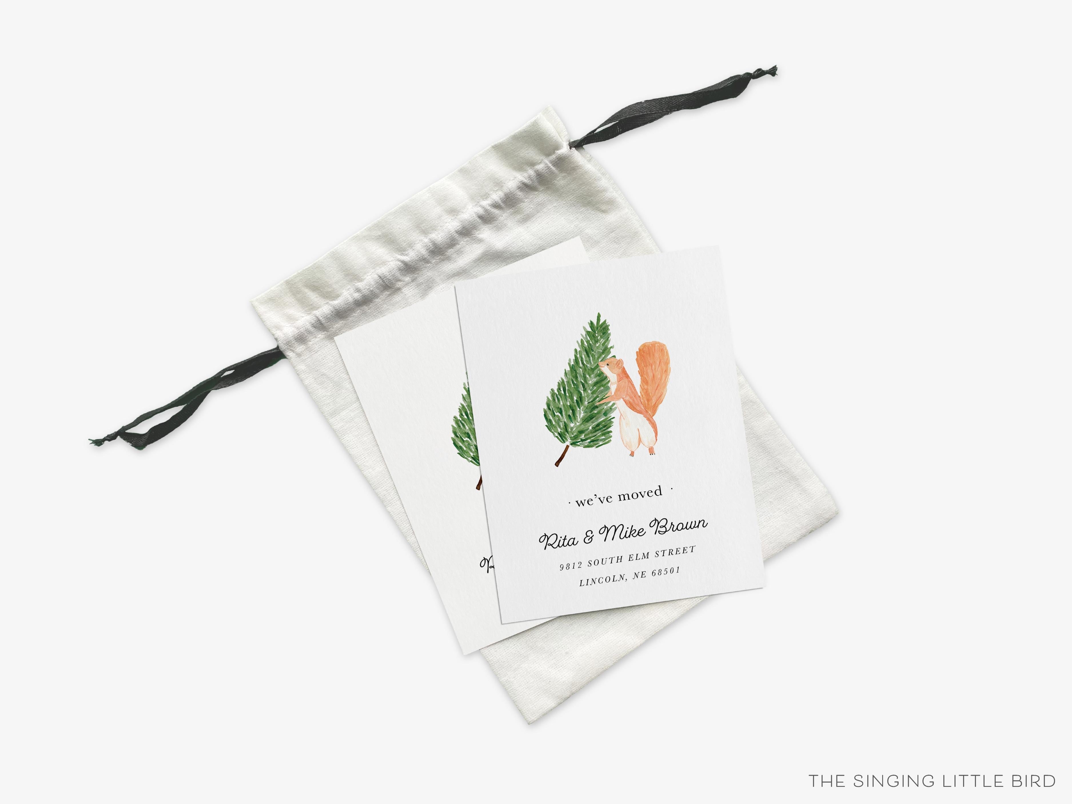 Tree Squirrel Moving Announcement-These personalized flat change of address cards are 4.25x5.5 and feature our hand-painted watercolor squirrel, printed in the USA on 120lb textured stock. They come with your choice of envelopes and make great moving announcements for the animal lover.-The Singing Little Bird