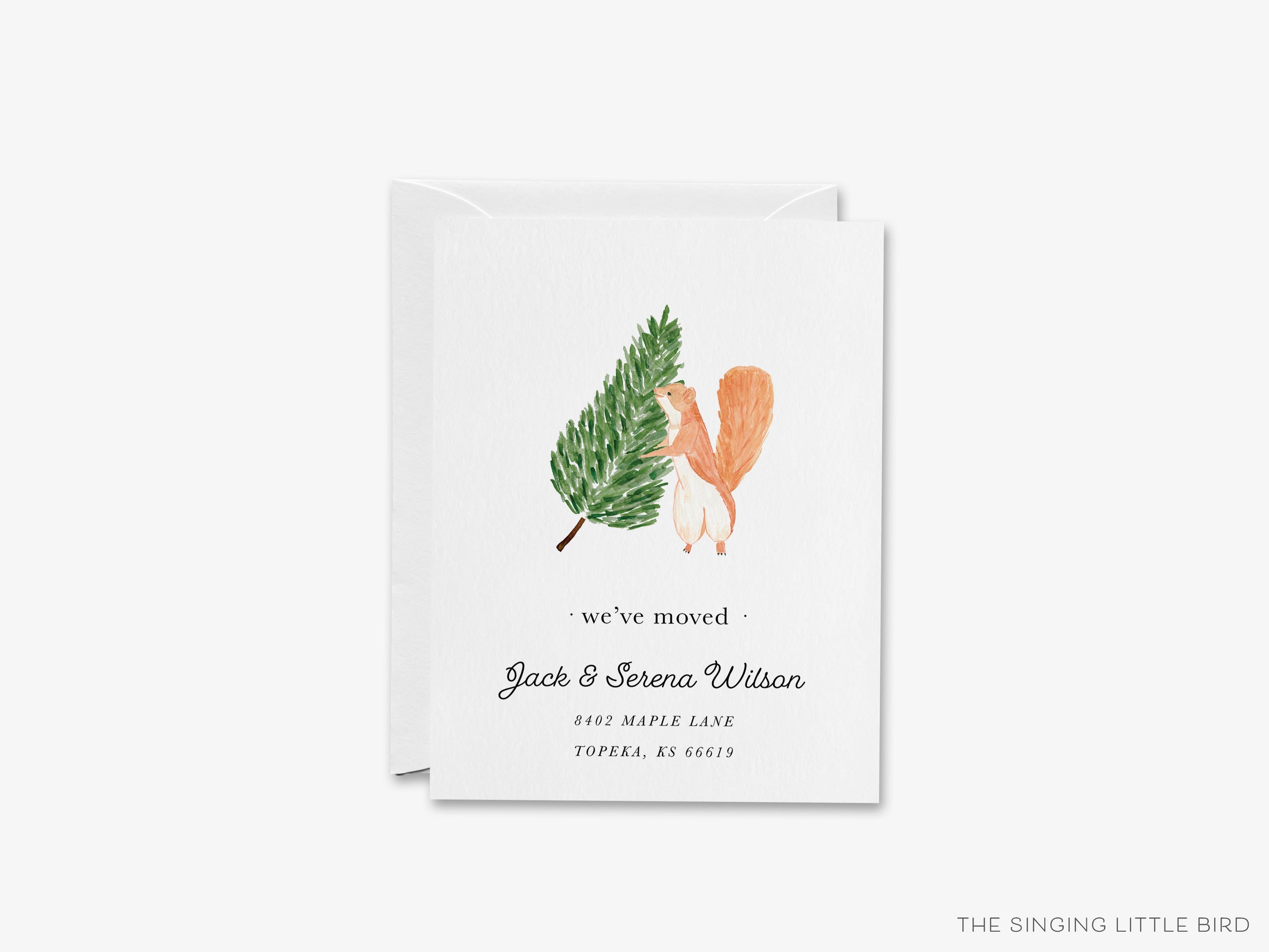 Tree Squirrel Moving Announcement-These personalized flat change of address cards are 4.25x5.5 and feature our hand-painted watercolor squirrel, printed in the USA on 120lb textured stock. They come with your choice of envelopes and make great moving announcements for the animal lover.-The Singing Little Bird