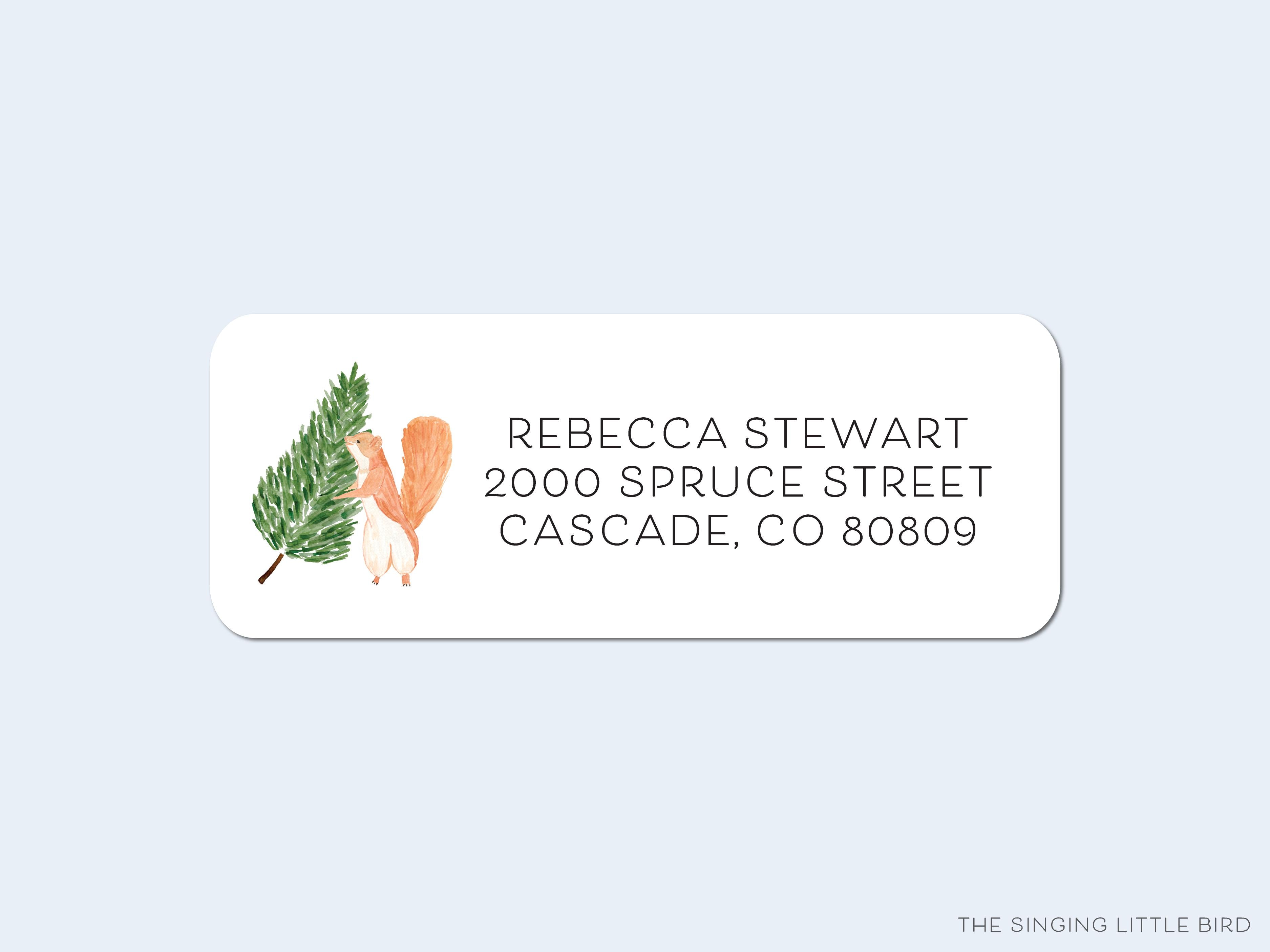 Tree Squirrel Return Address Labels- These personalized return address labels are 2.625" x 1" and feature our hand-painted watercolor tree and squirrel, printed in the USA on beautiful matte finish labels. These make great gifts for yourself or the animal lover. -The Singing Little Bird