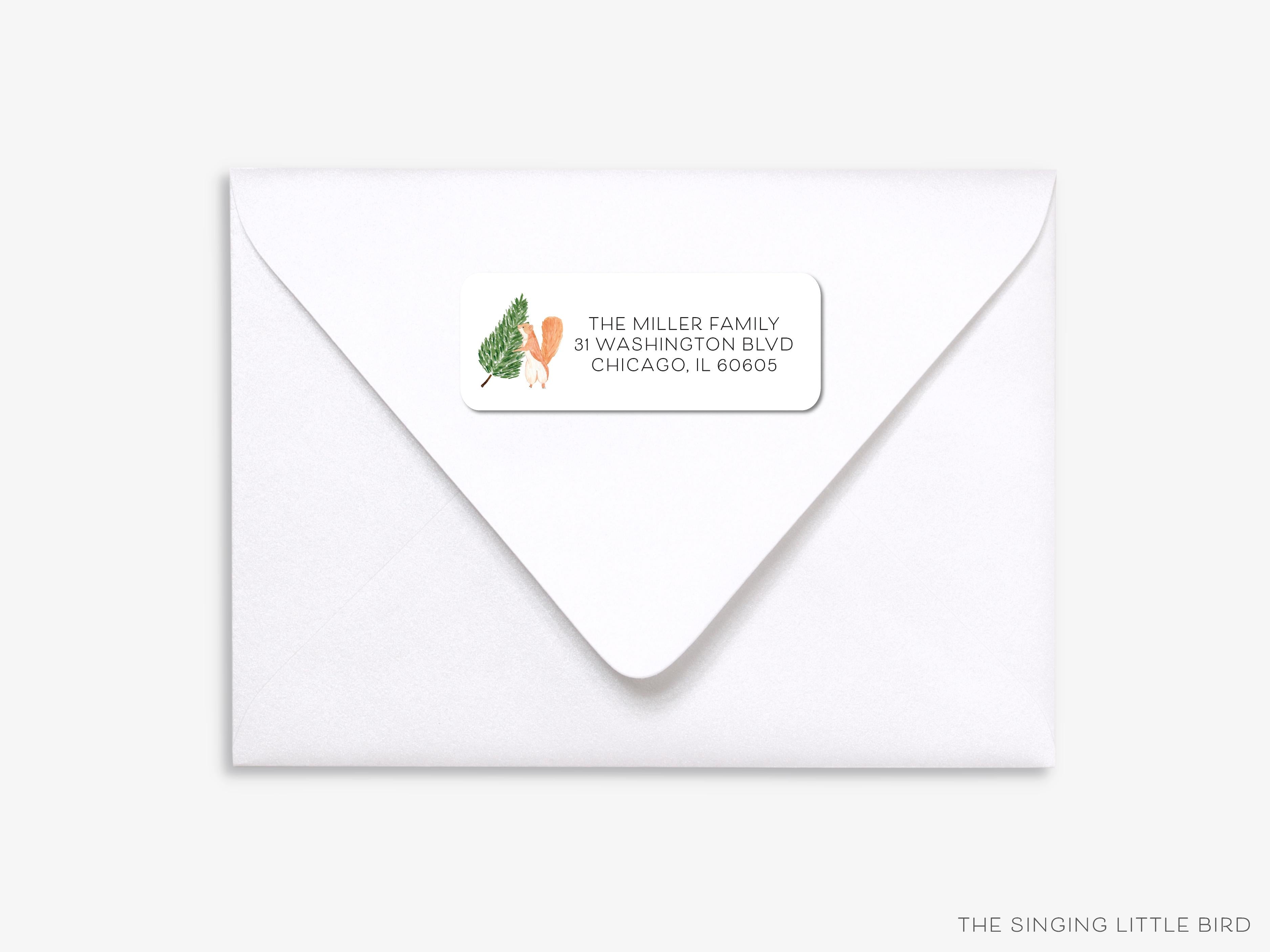 Tree Squirrel Return Address Labels- These personalized return address labels are 2.625" x 1" and feature our hand-painted watercolor tree and squirrel, printed in the USA on beautiful matte finish labels. These make great gifts for yourself or the animal lover. -The Singing Little Bird