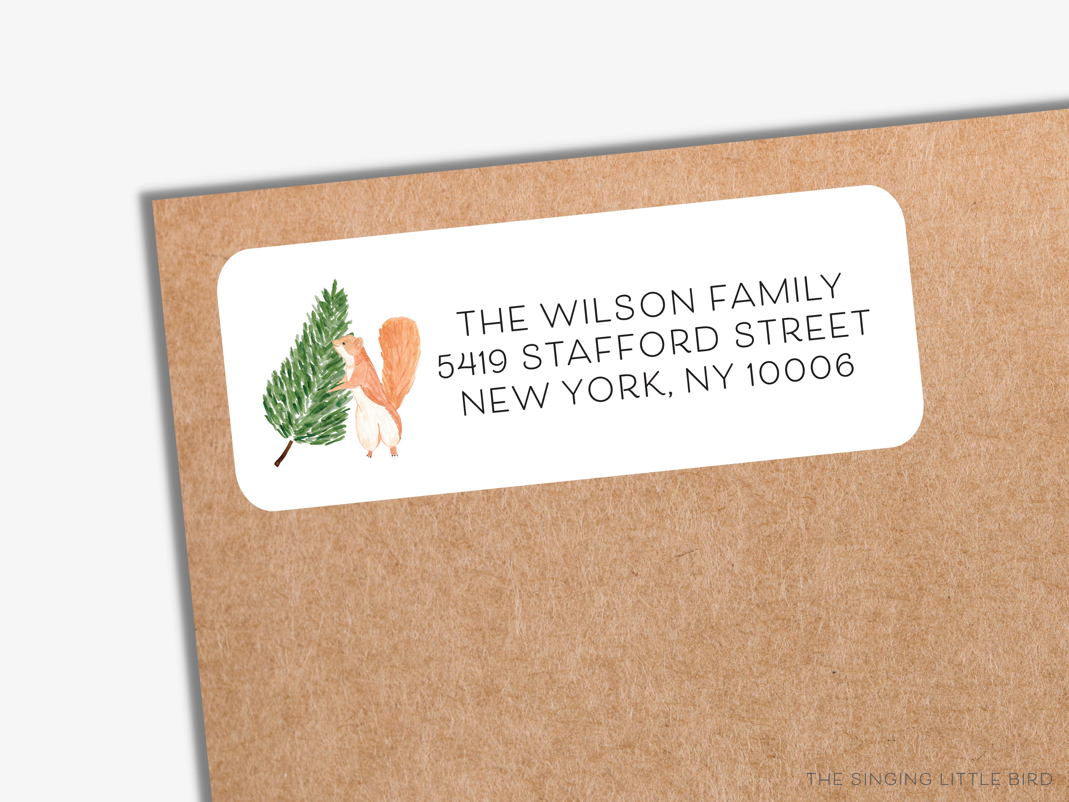 Tree Squirrel Return Address Labels- These personalized return address labels are 2.625" x 1" and feature our hand-painted watercolor tree and squirrel, printed in the USA on beautiful matte finish labels. These make great gifts for yourself or the animal lover. -The Singing Little Bird