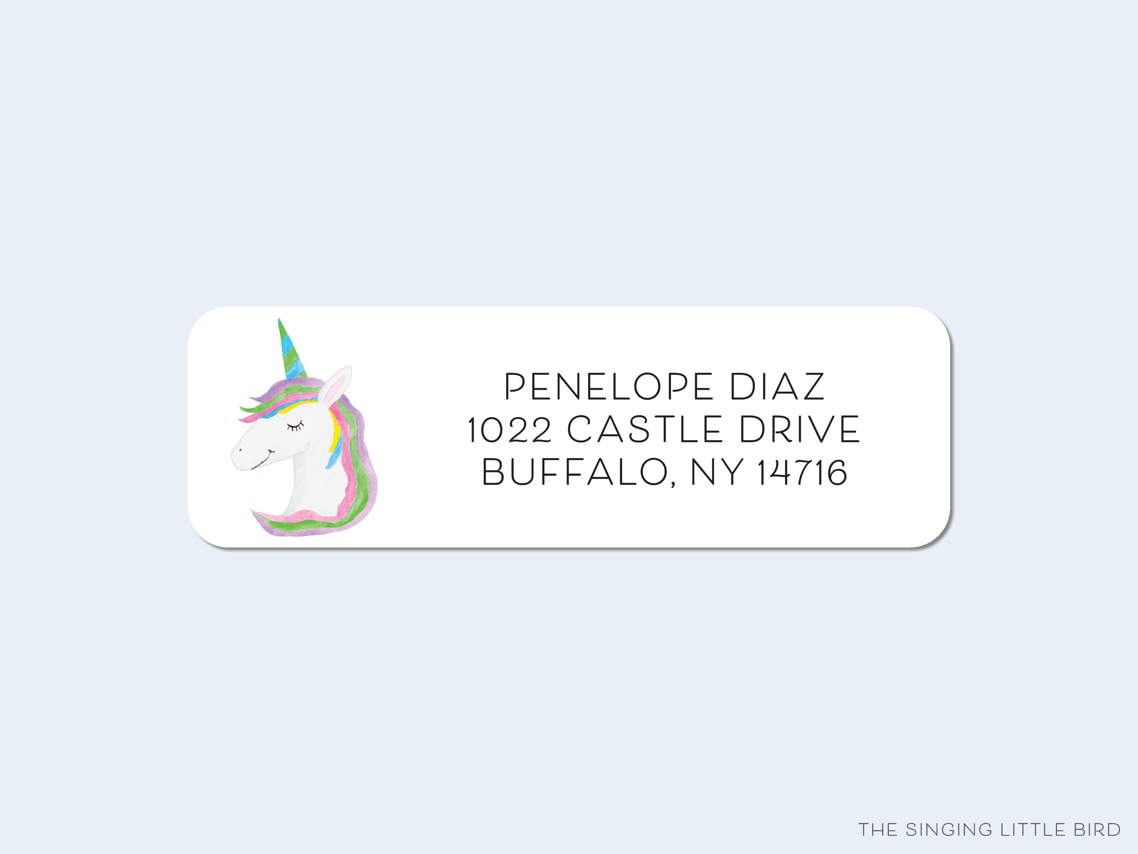 Unicorn Return Address Labels-These personalized return address labels are 2.625" x 1" and feature our hand-painted watercolor unicorn, printed in the USA on beautiful matte finish labels. These make gifts for yourself or the make-believe lover. -The Singing Little Bird