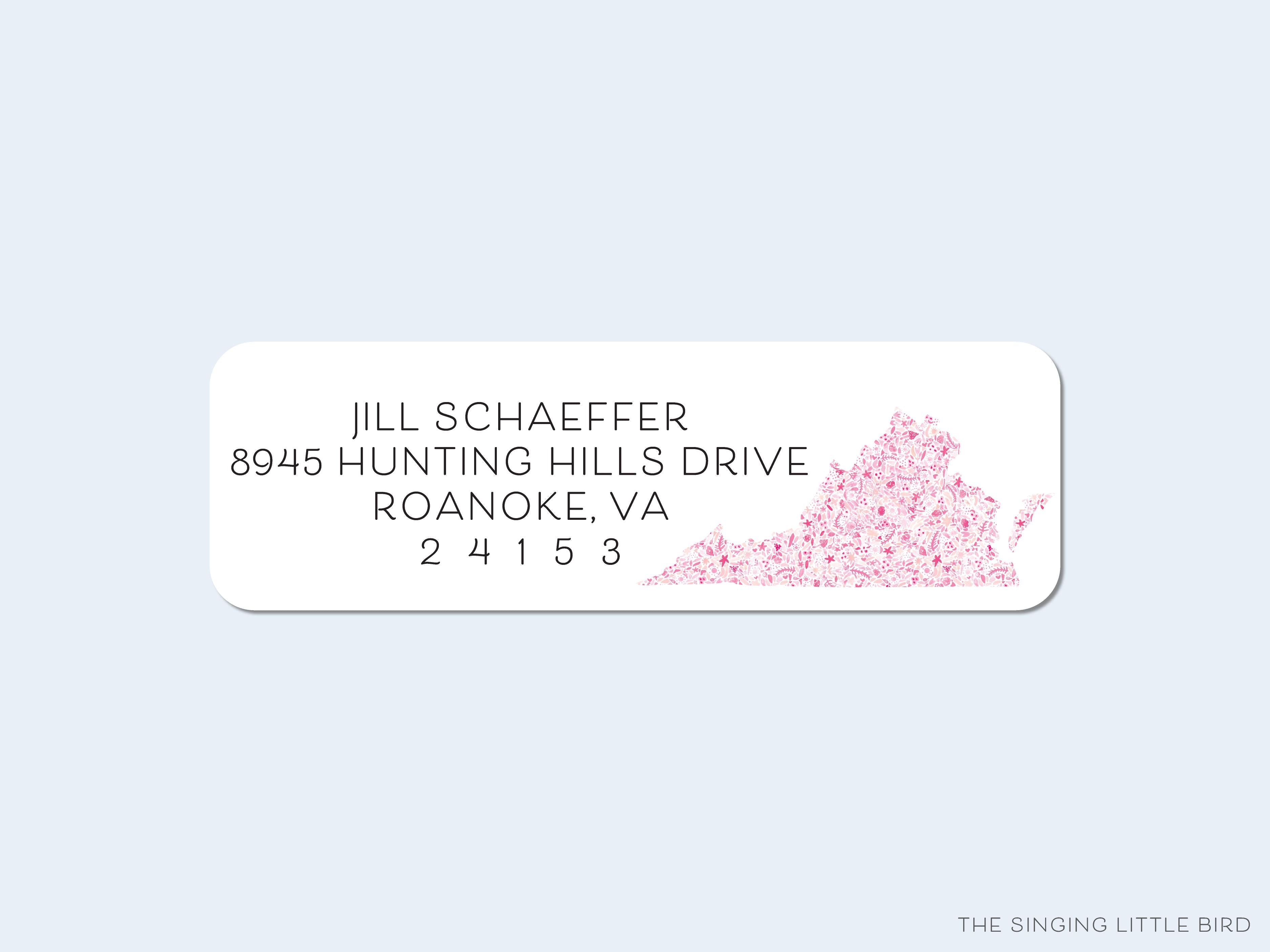 Virginia Return Address Labels-These personalized return address labels are 2.625" x 1" and feature our hand-painted watercolor floral pattern inside the shape of Virginia, printed in the USA on beautiful matte finish labels. These make great gifts for yourself or the state lover.-The Singing Little Bird