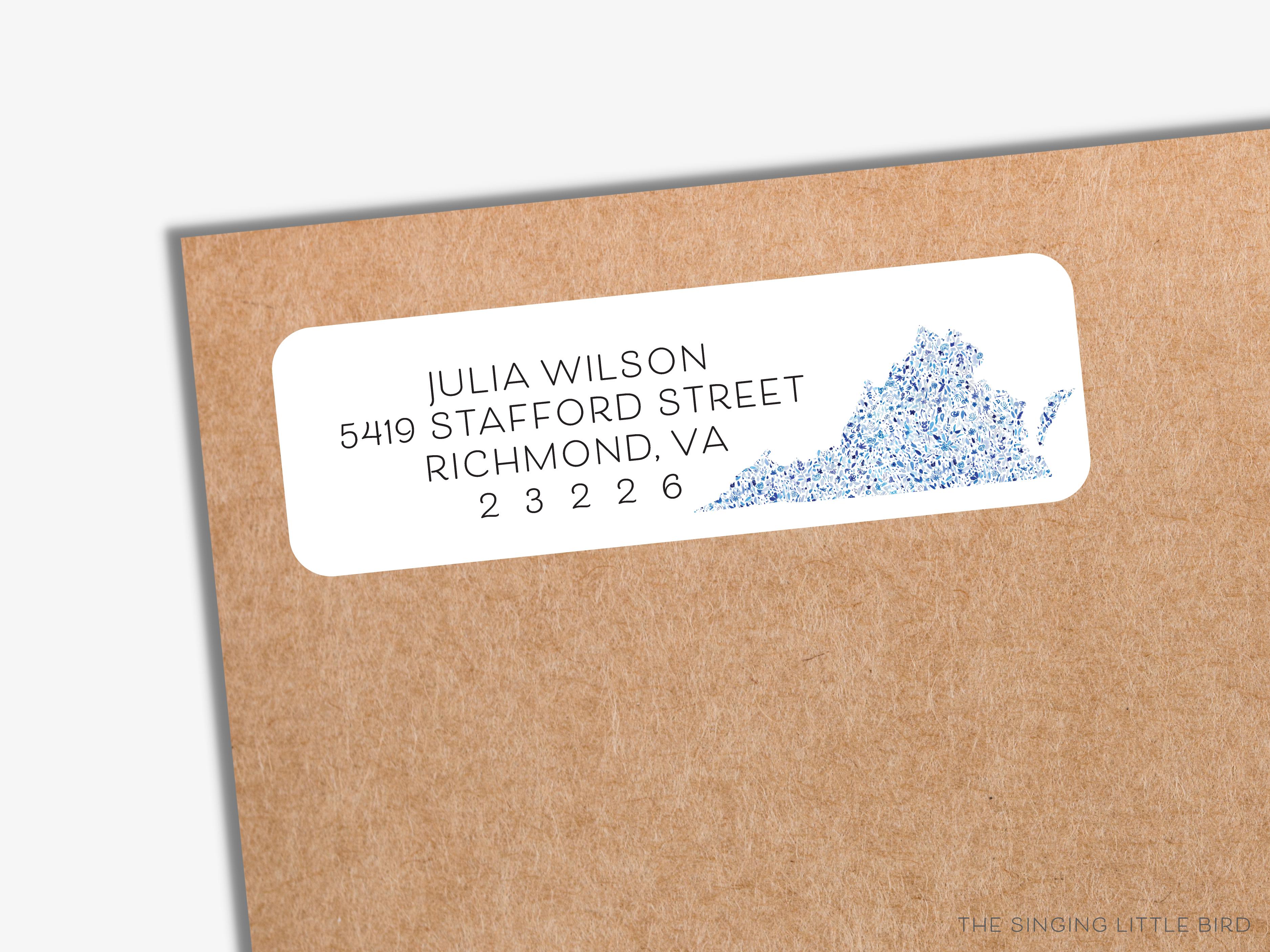 Virginia Return Address Labels-These personalized return address labels are 2.625" x 1" and feature our hand-painted watercolor floral pattern inside the shape of Virginia, printed in the USA on beautiful matte finish labels. These make great gifts for yourself or the state lover.-The Singing Little Bird