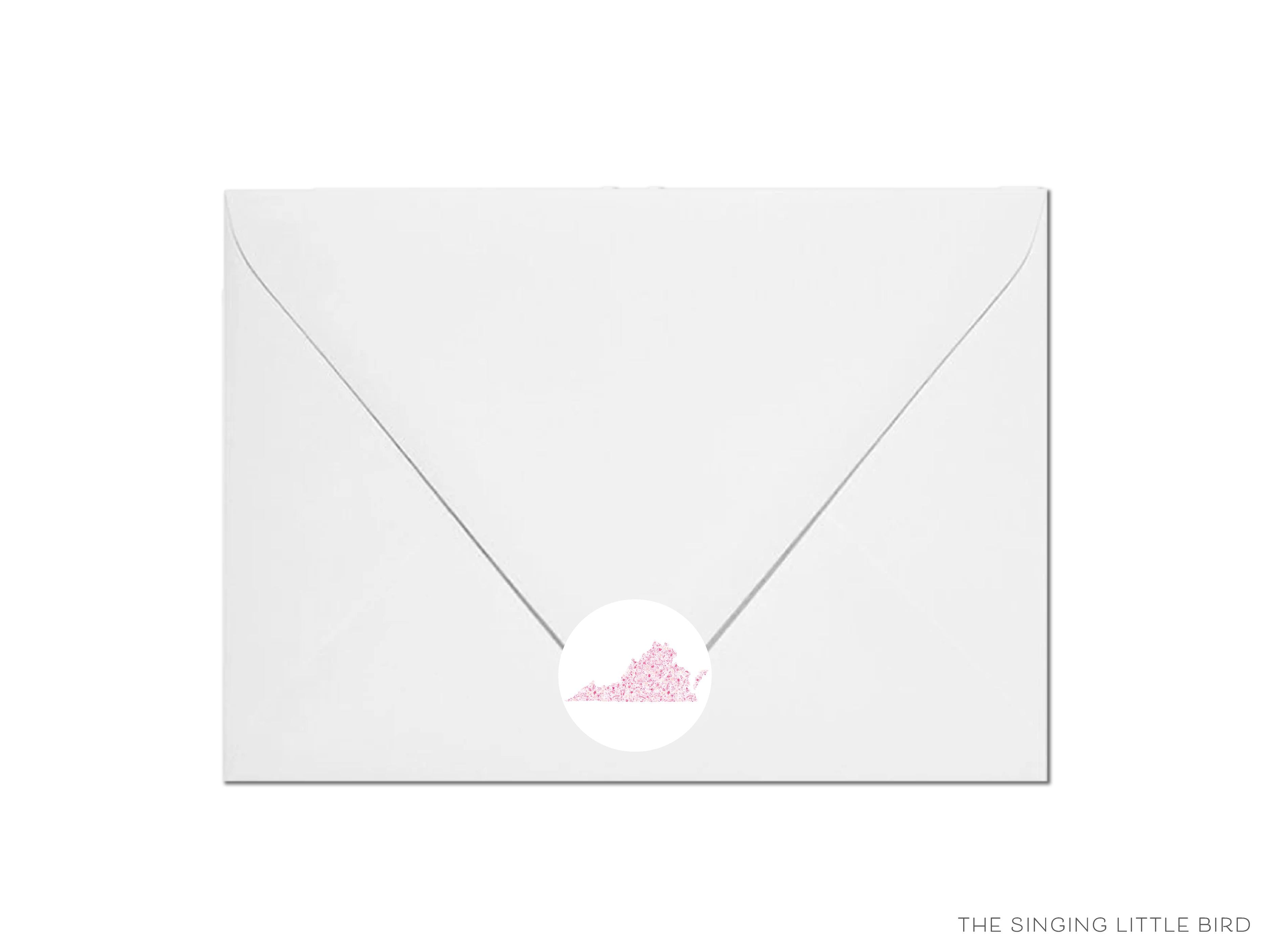 Virginia Round Stickers-These matte round stickers feature our hand-painted watercolor floral pattern in the shape of Virginia, making great envelope seals or gifts for the Virginian lover in your life.-The Singing Little Bird