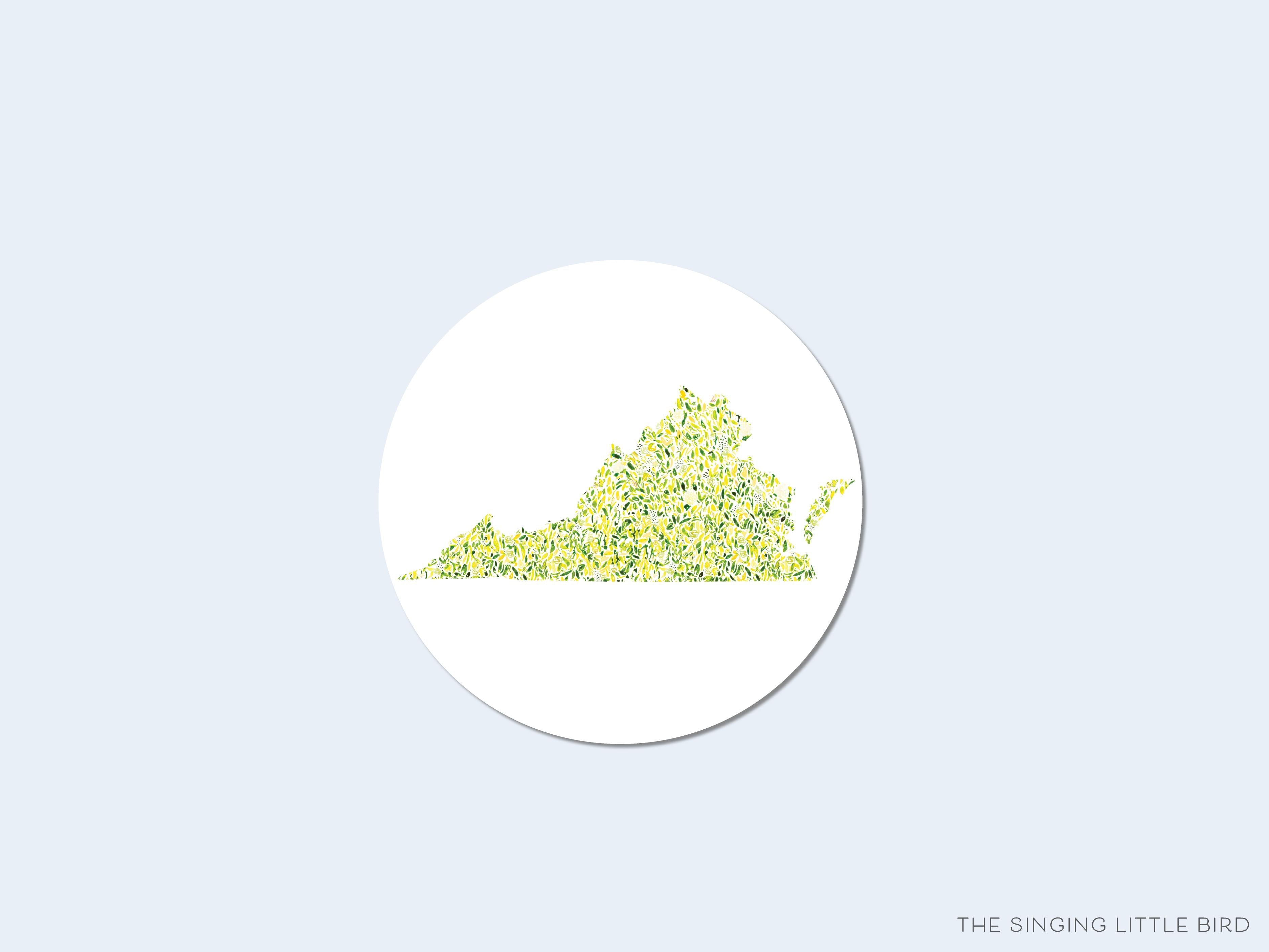 Virginia Round Stickers-These matte round stickers feature our hand-painted watercolor floral pattern in the shape of Virginia, making great envelope seals or gifts for the Virginian lover in your life.-The Singing Little Bird