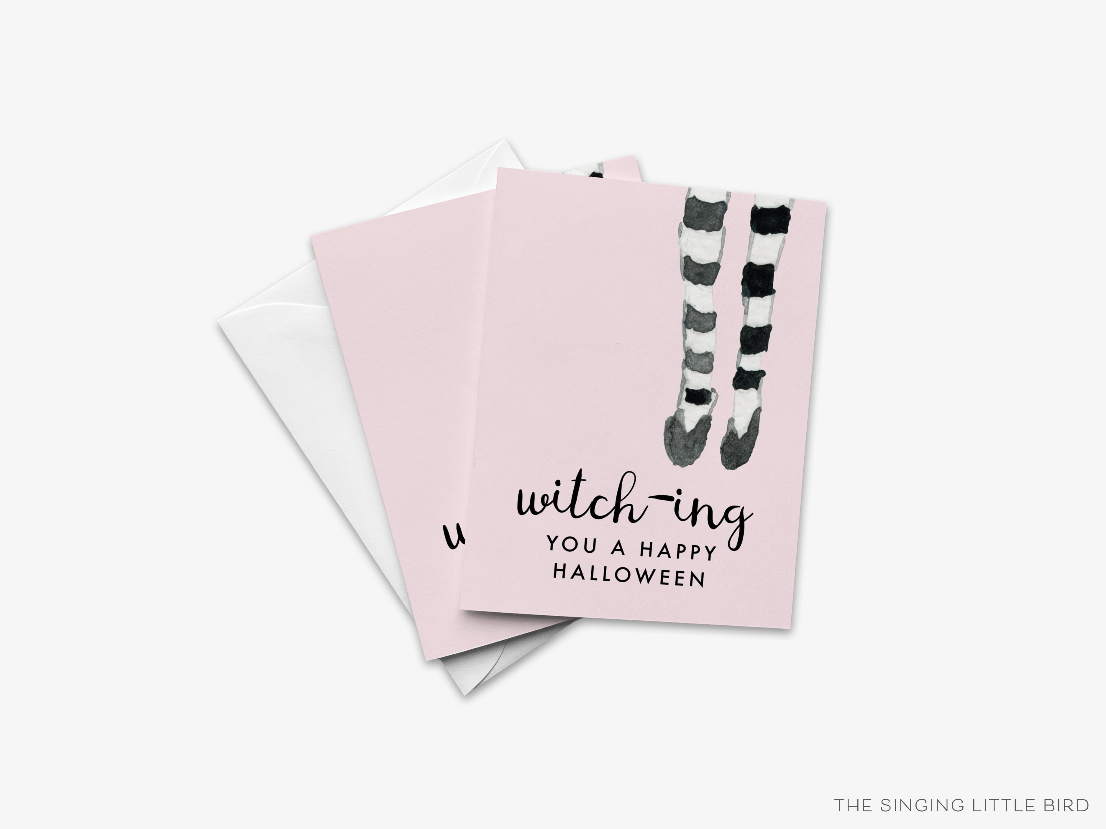 Witching You A Happy Halloween Greeting Card-These folded greeting cards are 4.25x5.5 and feature our hand-painted black and white stockings and shoes, printed in the USA on 100lb textured stock. They come with a White envelope and make a great Halloween card for the witch lover in your life.-The Singing Little Bird